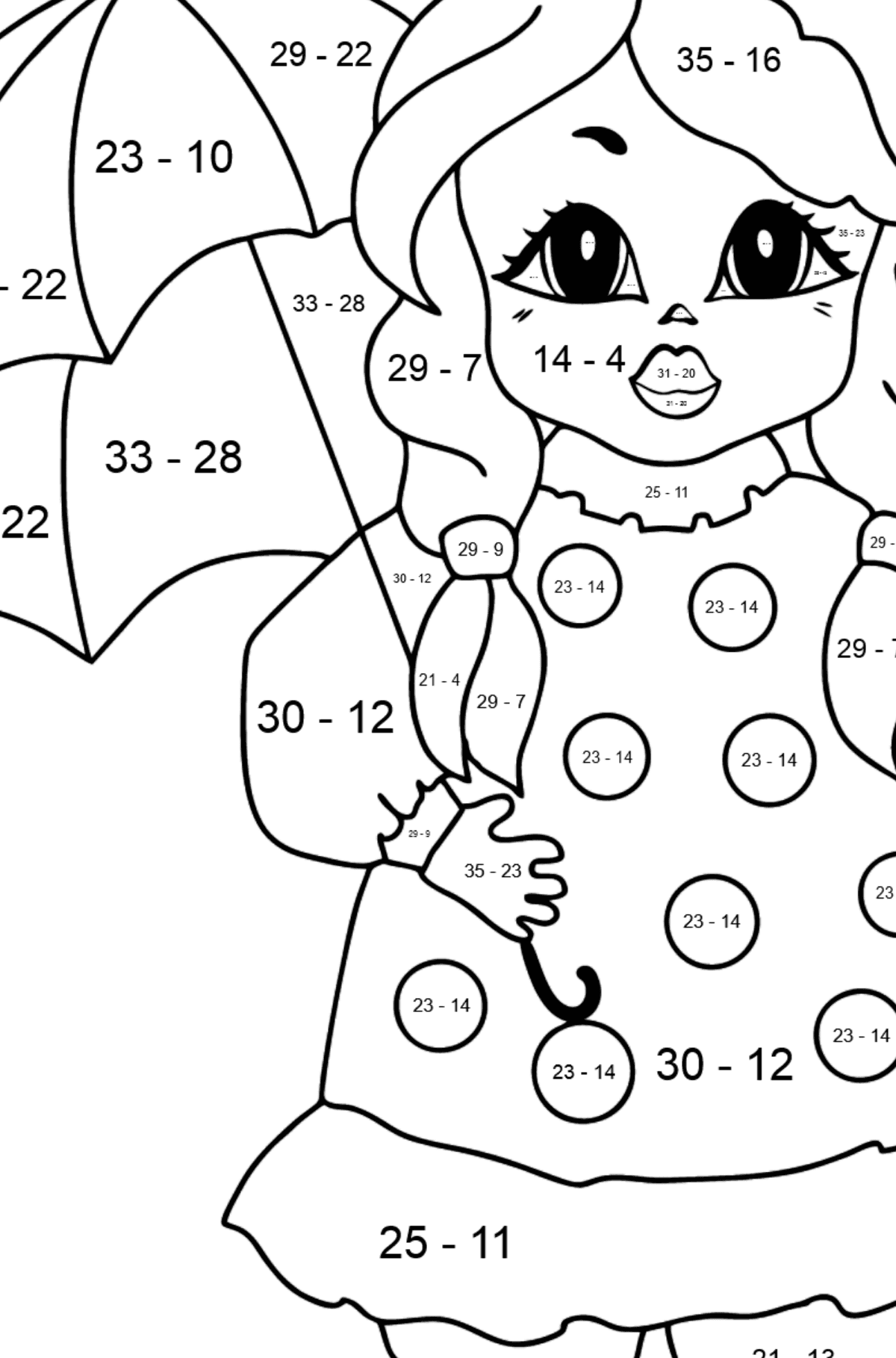 Ausmalbild - Eine Prinzessin mit Regenschirm - Für Mädchen - Mathe Ausmalbilder - Subtraktion für Kinder