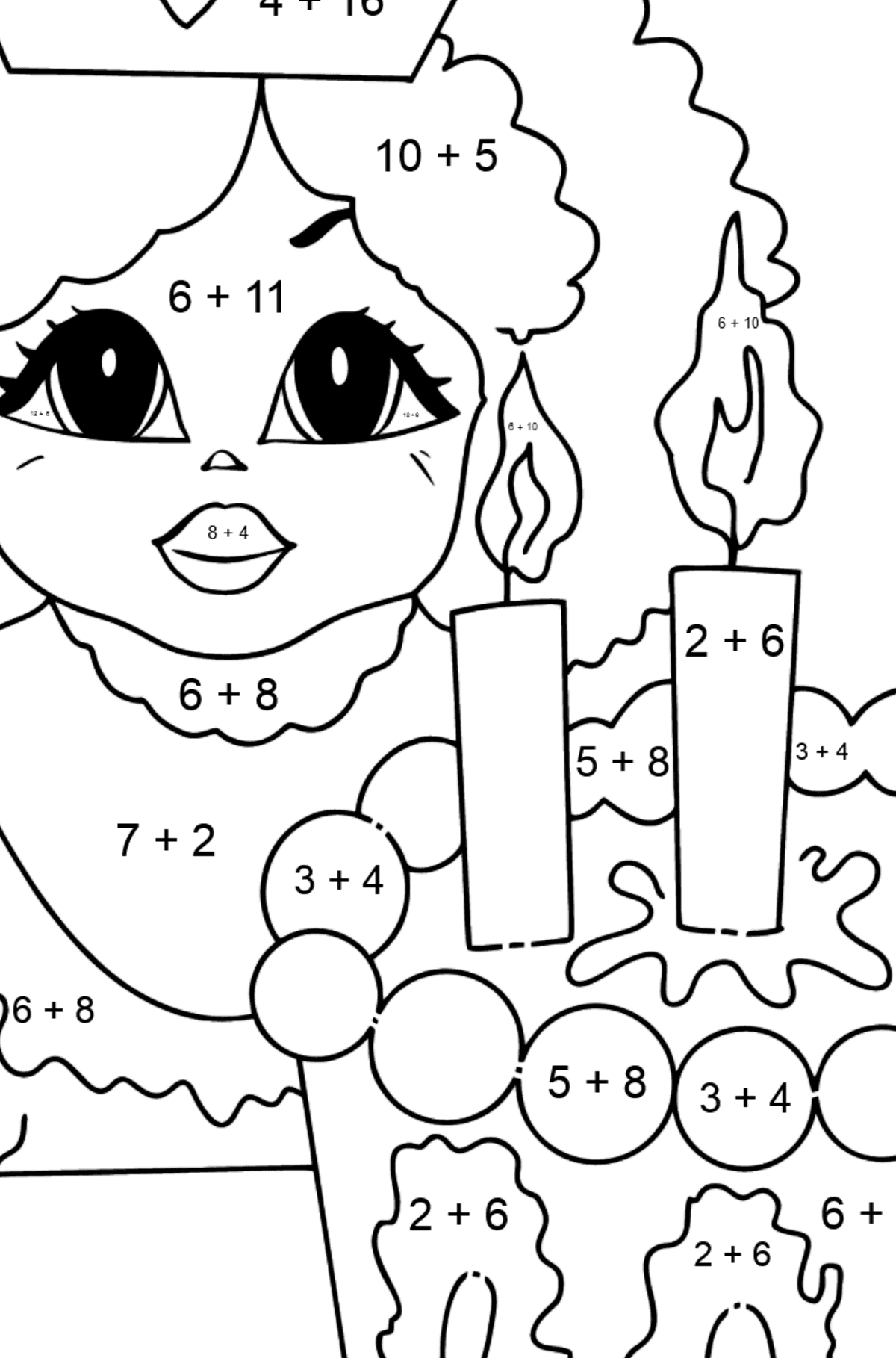 Tegning til fargelegging søt tann prinsesse - Matematisk fargeleggingsside - addisjon for barn