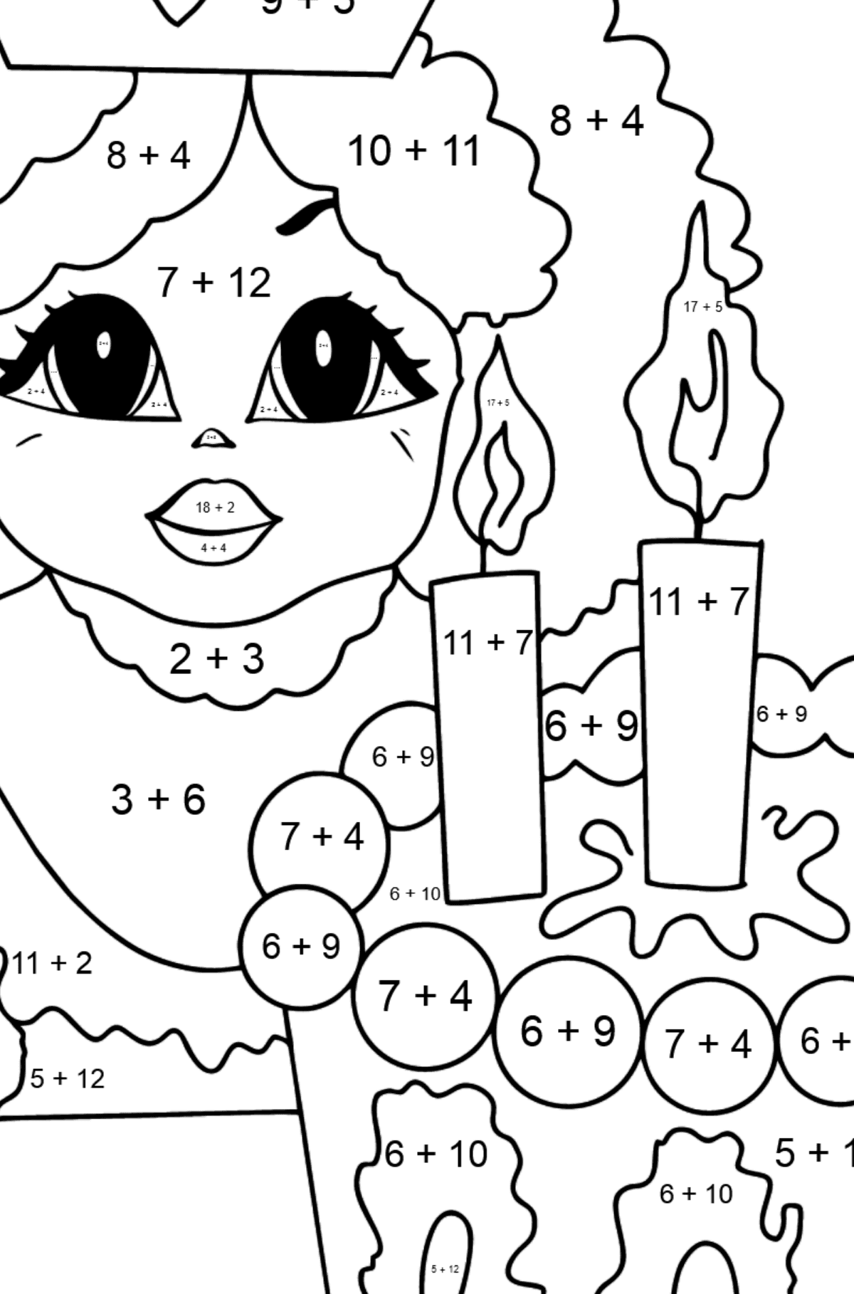 Kifestő romantikus hercegnő (bonyolult) - Matematikai színezés - összeadás gyerekeknek