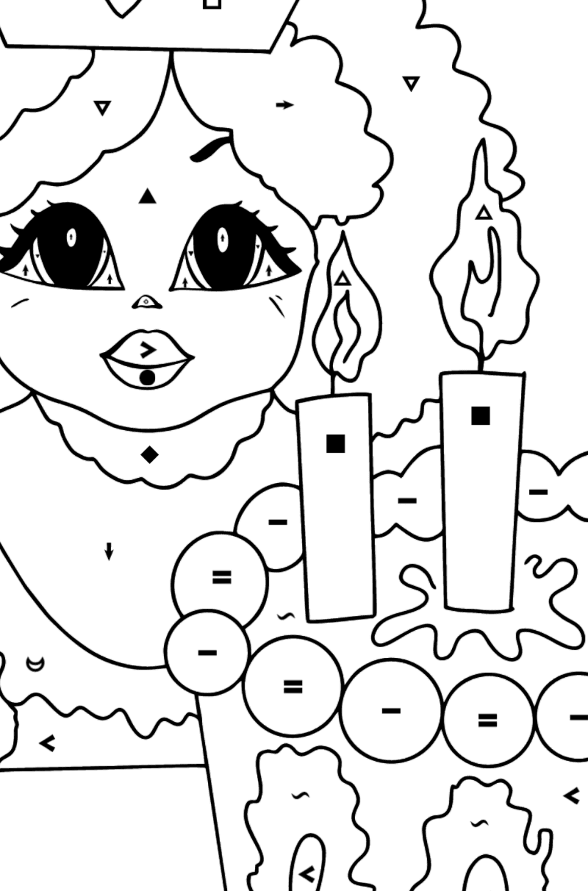 Kifestő romantikus hercegnő (bonyolult) - Színezés szimbólum szerint gyerekeknek