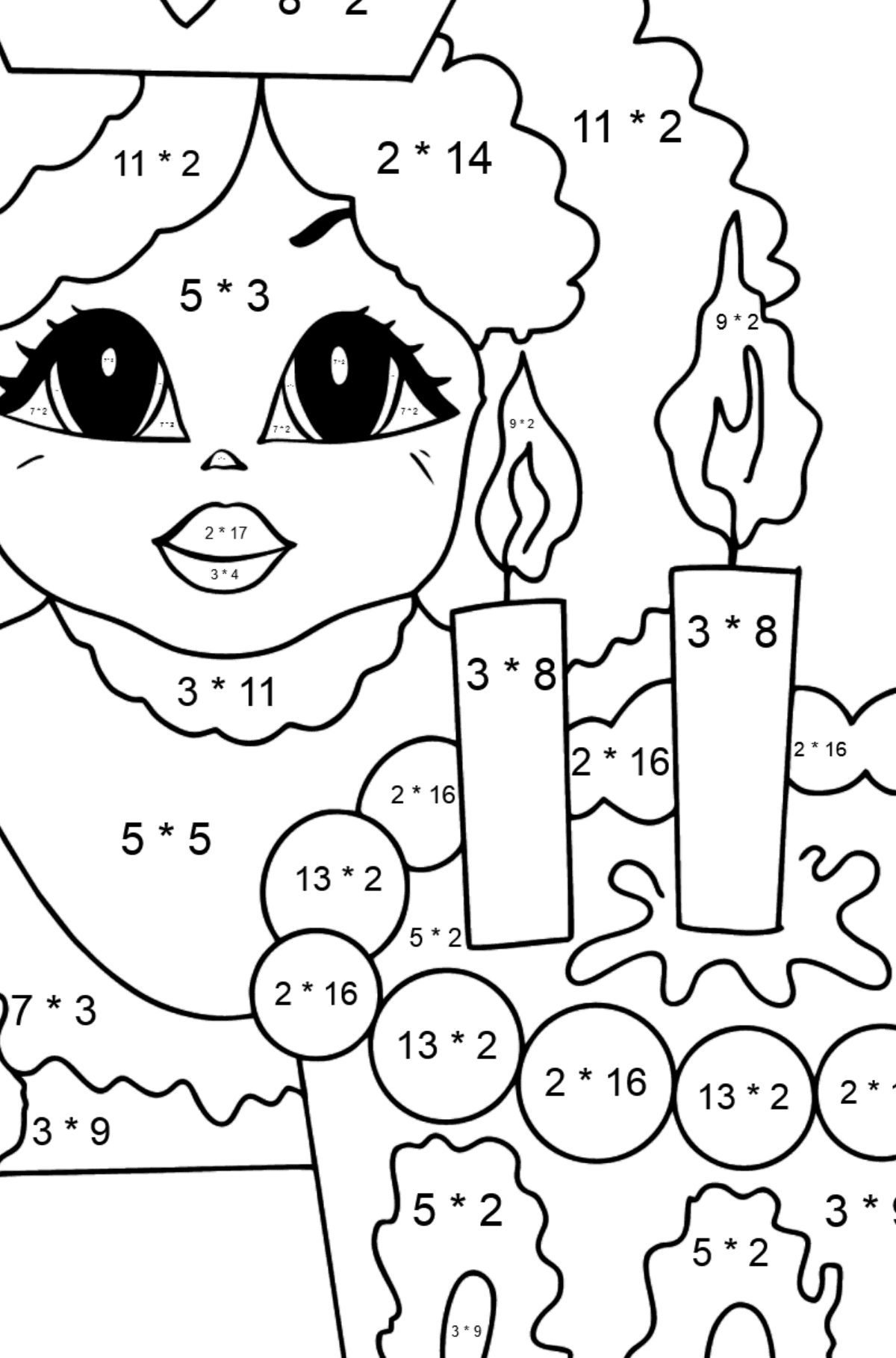 Kifestő romantikus hercegnő (bonyolult) - Matematikai színezés - szorzás gyerekeknek