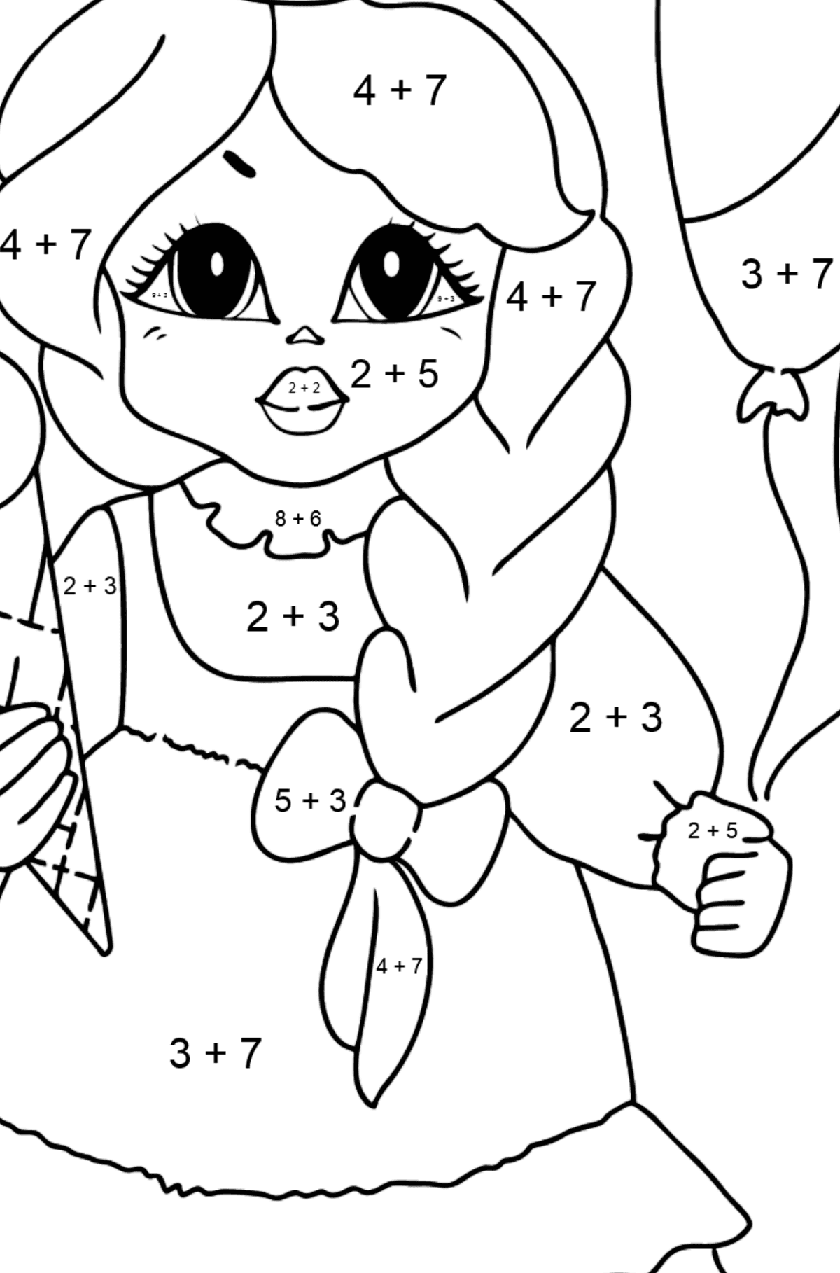 Tegning til fargelegging romantisk prinsesse - Matematisk fargeleggingsside - addisjon for barn