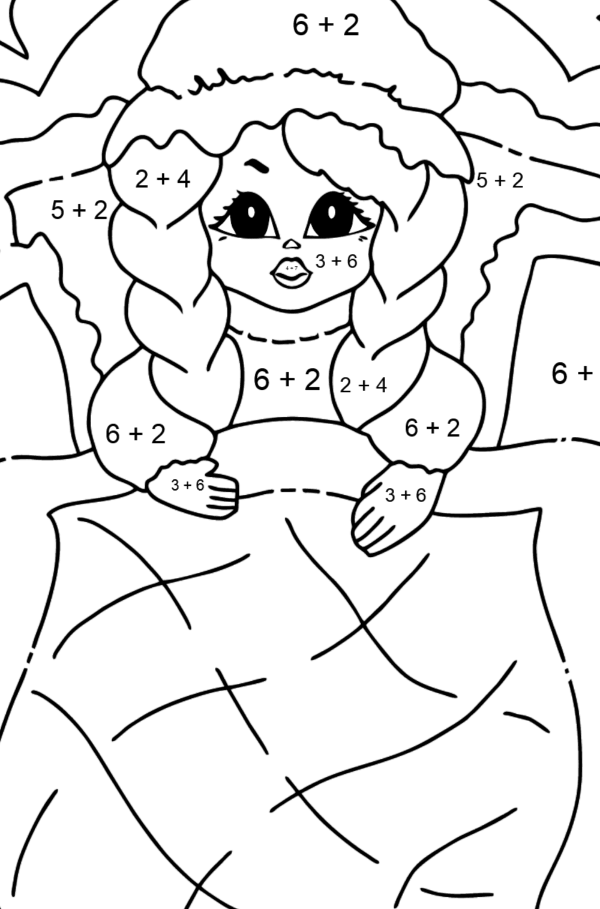 Coloring Picture - A Princess in Bed - Math Coloring - Addition for Kids