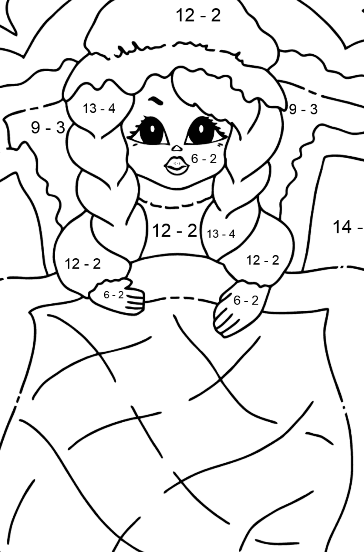 Coloring Picture - A Princess in Bed - Math Coloring - Subtraction for Kids