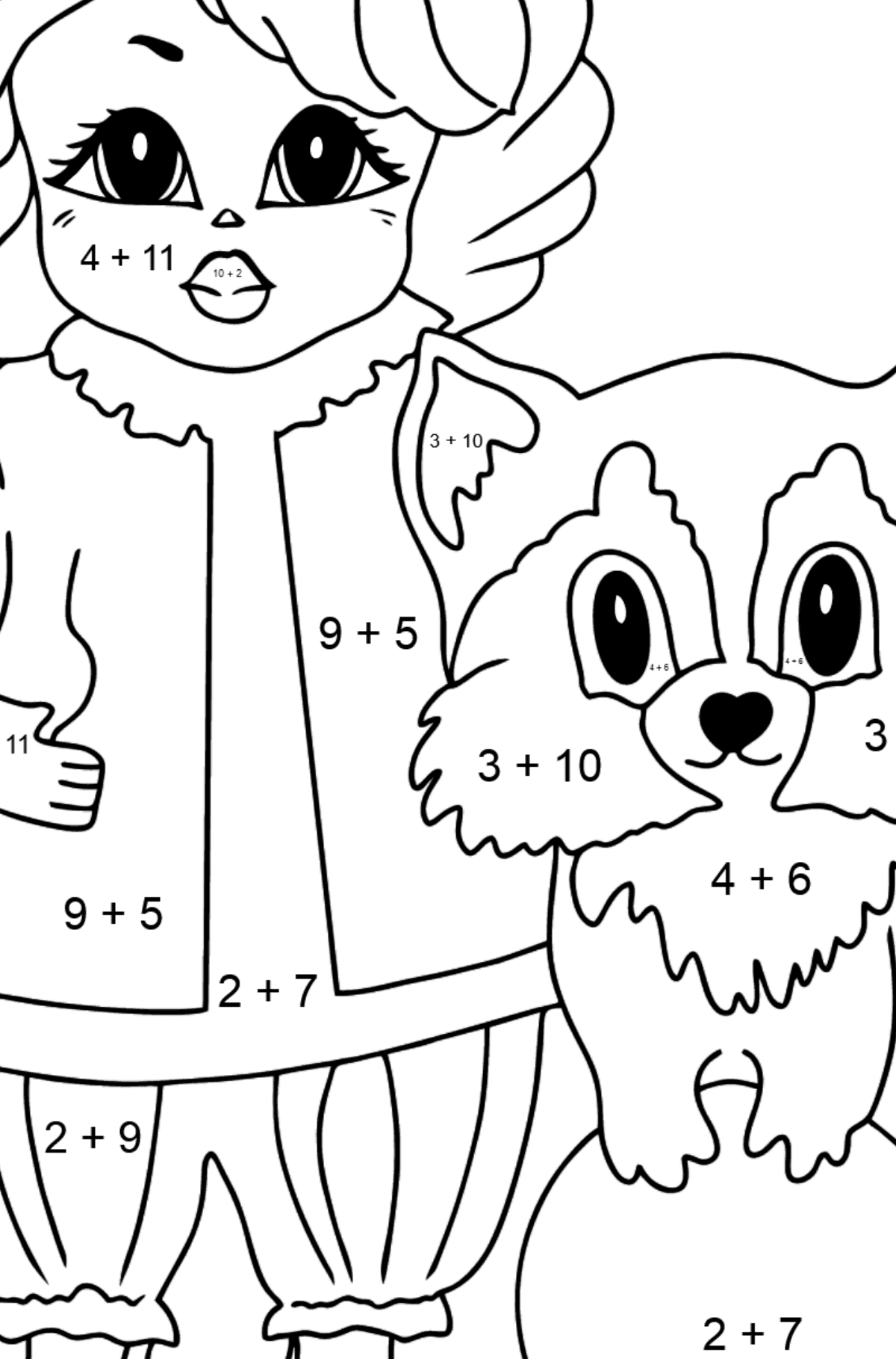 Coloring Picture - A Princess with a Cat and a Racoon - Math Coloring - Addition for Kids