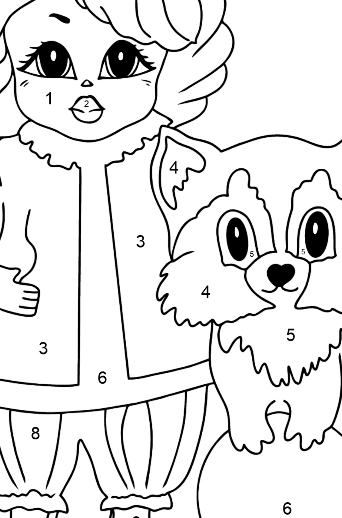 Coloring Picture - A Princess with a Cat and a Racoon - Coloring by Numbers for Kids