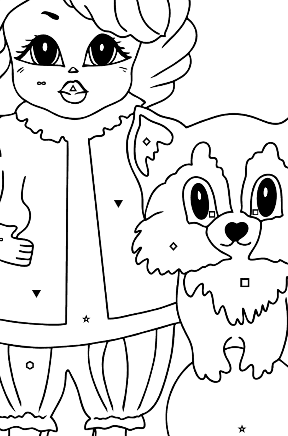 Coloring Picture - A Princess with a Cat and a Racoon - Coloring by Symbols and Geometric Shapes for Kids