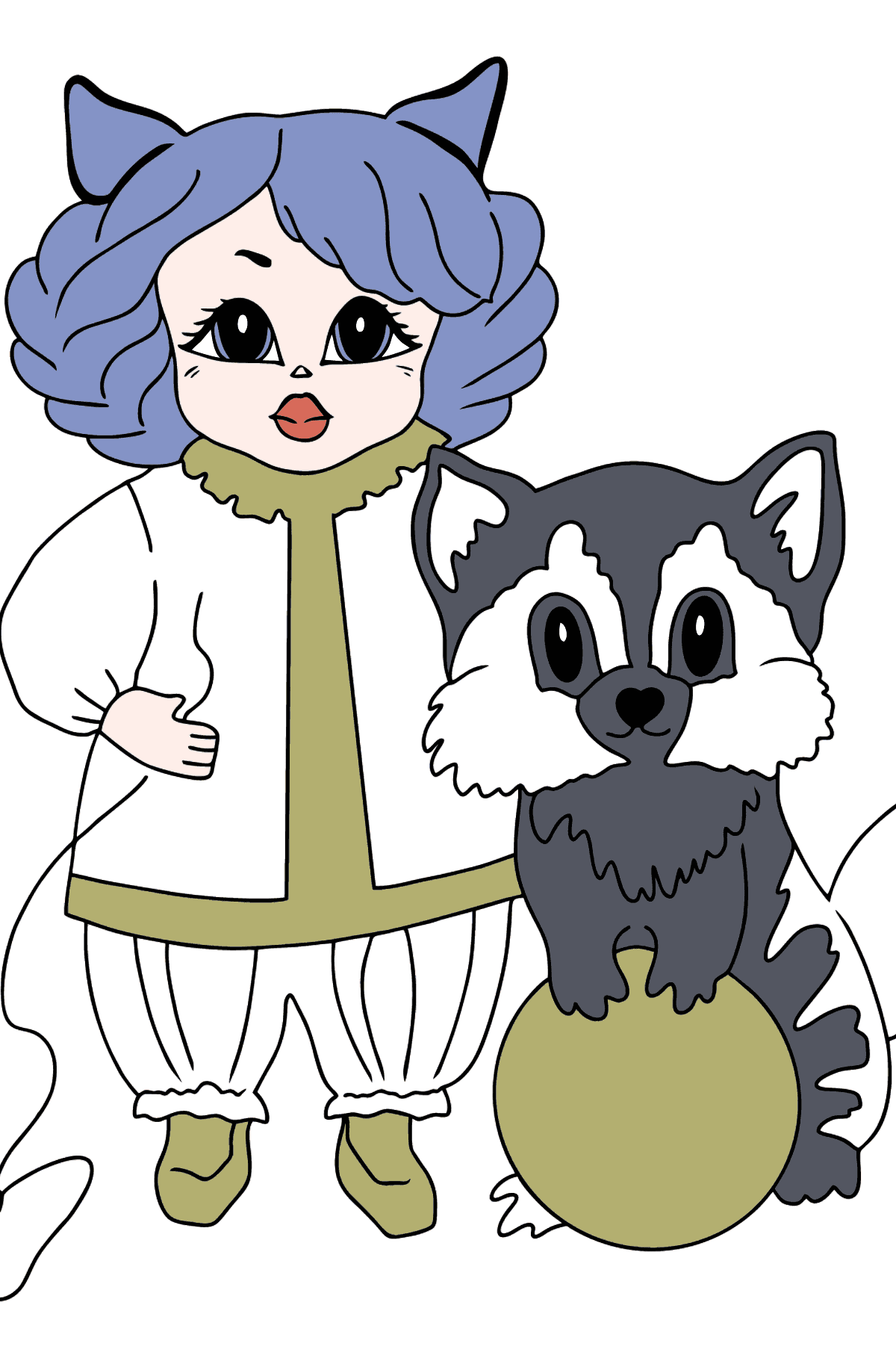 Coloring Picture - A Princess with a Cat and a Racoon - Coloring Pages for Kids