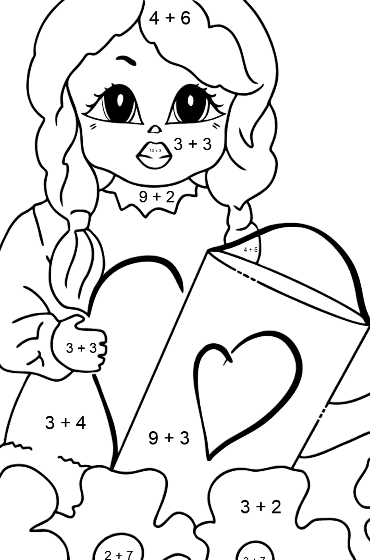 Coloring Picture - A Princess with a Watering Can - Math Coloring - Addition for Kids