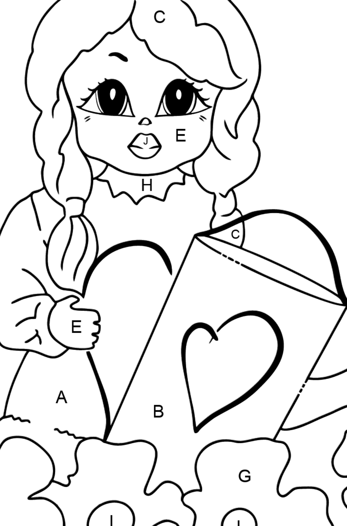 Coloring Picture - A Princess with a Watering Can - Coloring by Letters for Kids