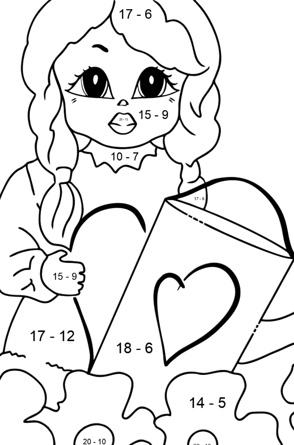 Coloring Picture - A Princess with a Watering Can - Math Coloring - Subtraction for Kids