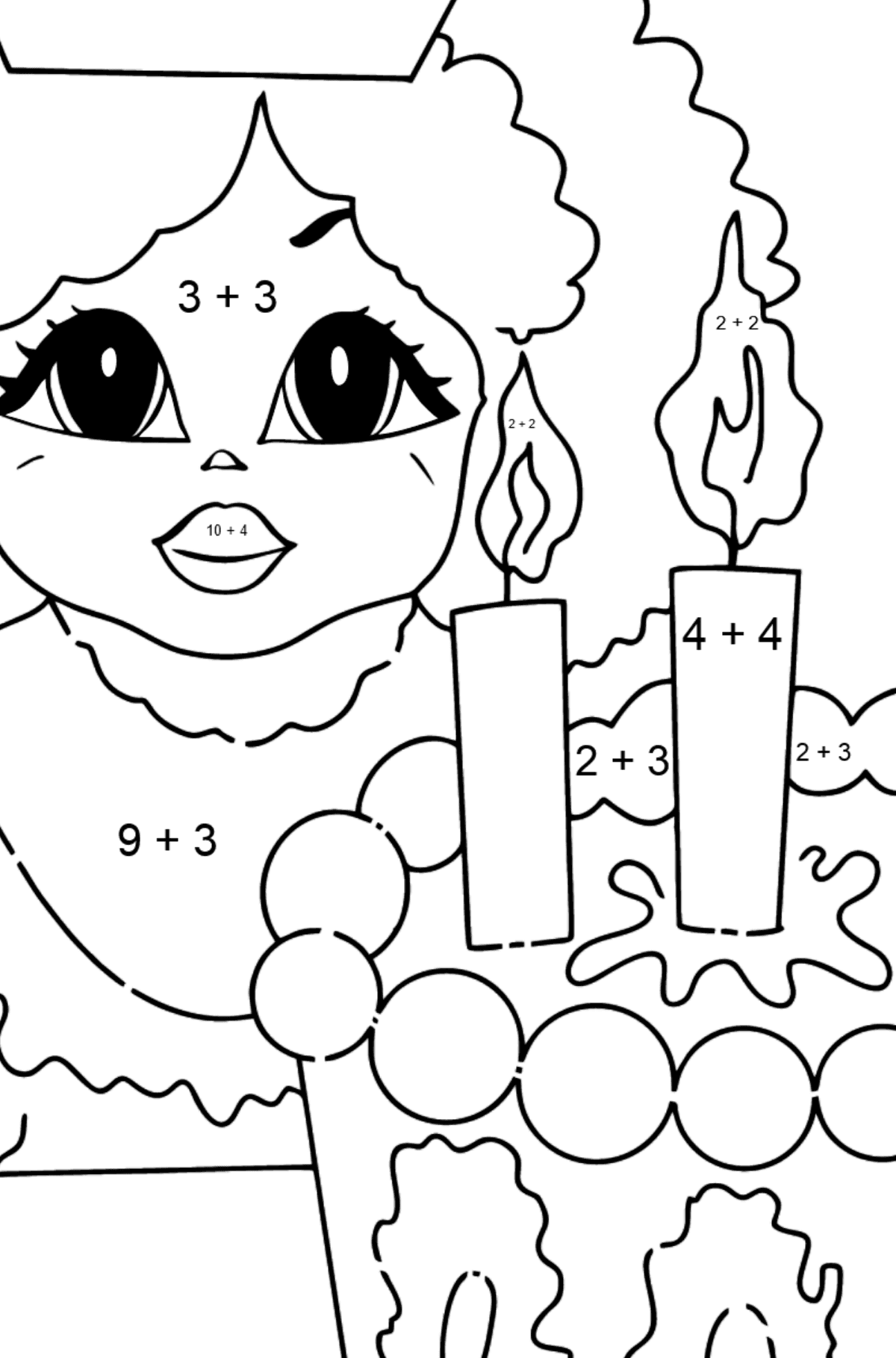Coloring Page - A Princess with Cake - For Girls - Math Coloring - Addition for Kids