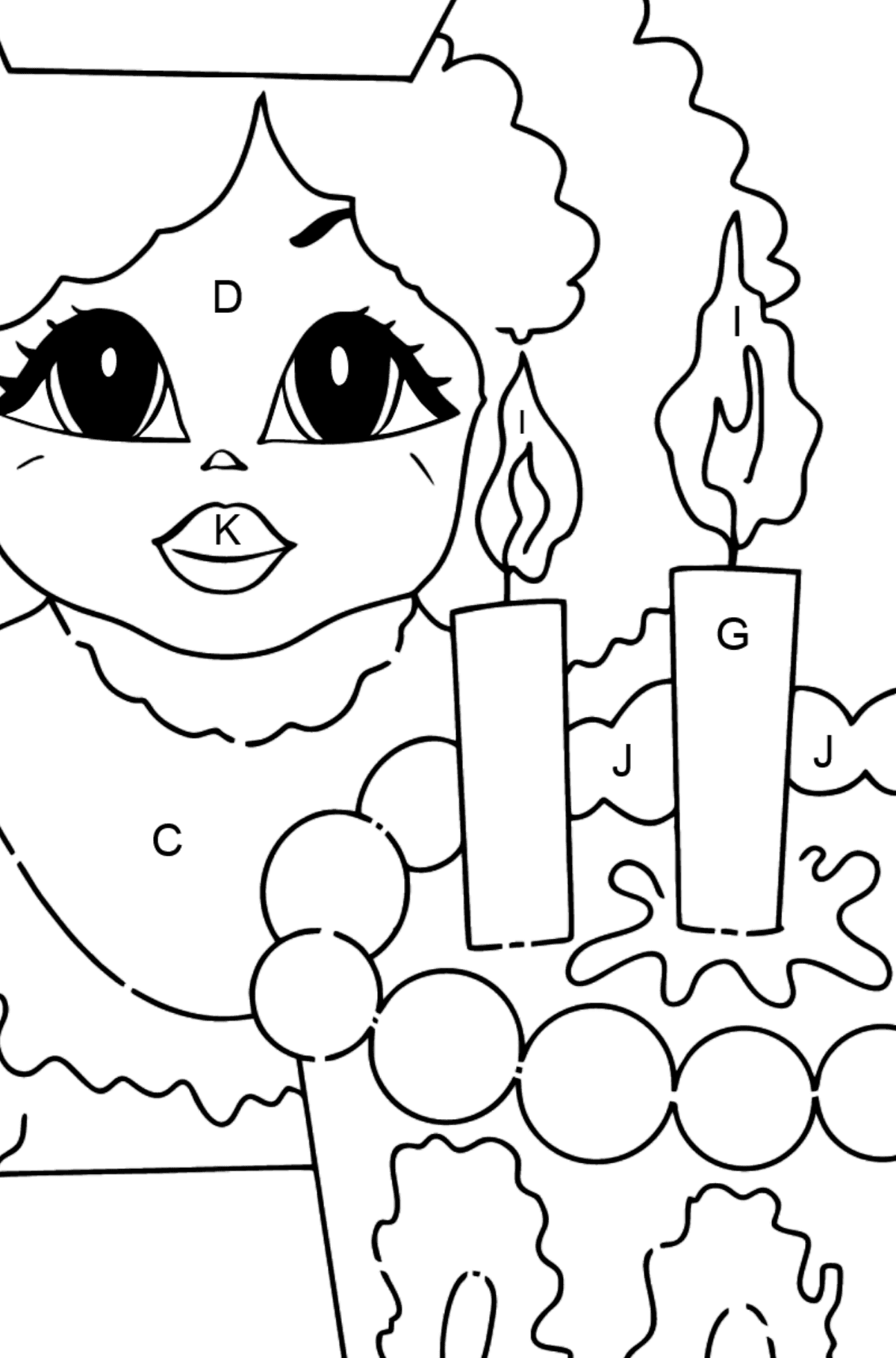 Coloring Page - A Princess with Cake - For Girls - Coloring by Letters for Kids