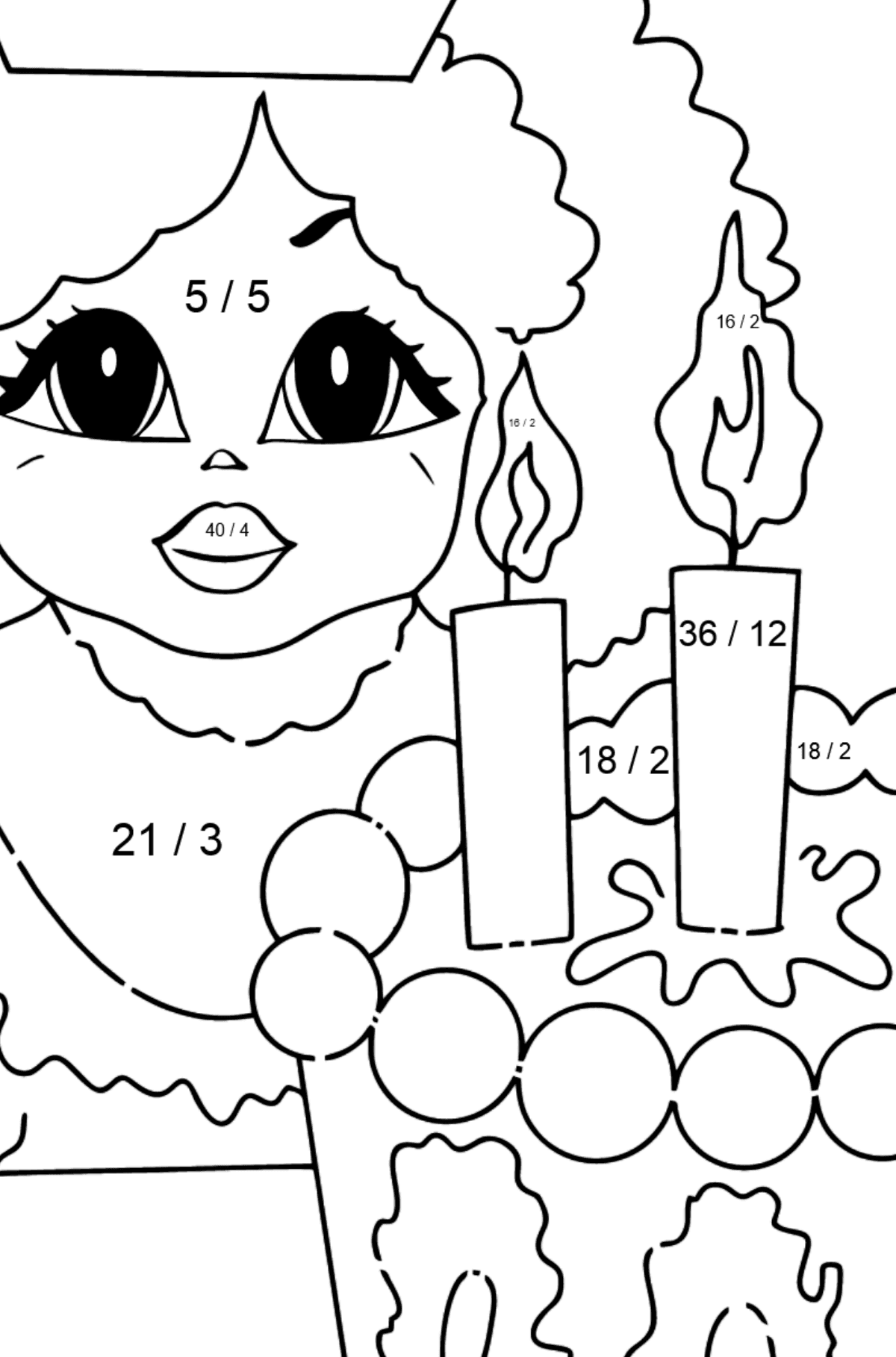Coloring Page - A Princess with Cake - For Girls - Math Coloring - Division for Kids