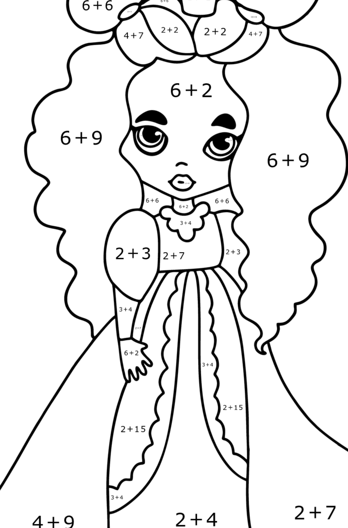 Disegno da colorare Principessa vestita - Colorazione matematica - Addizione per bambini