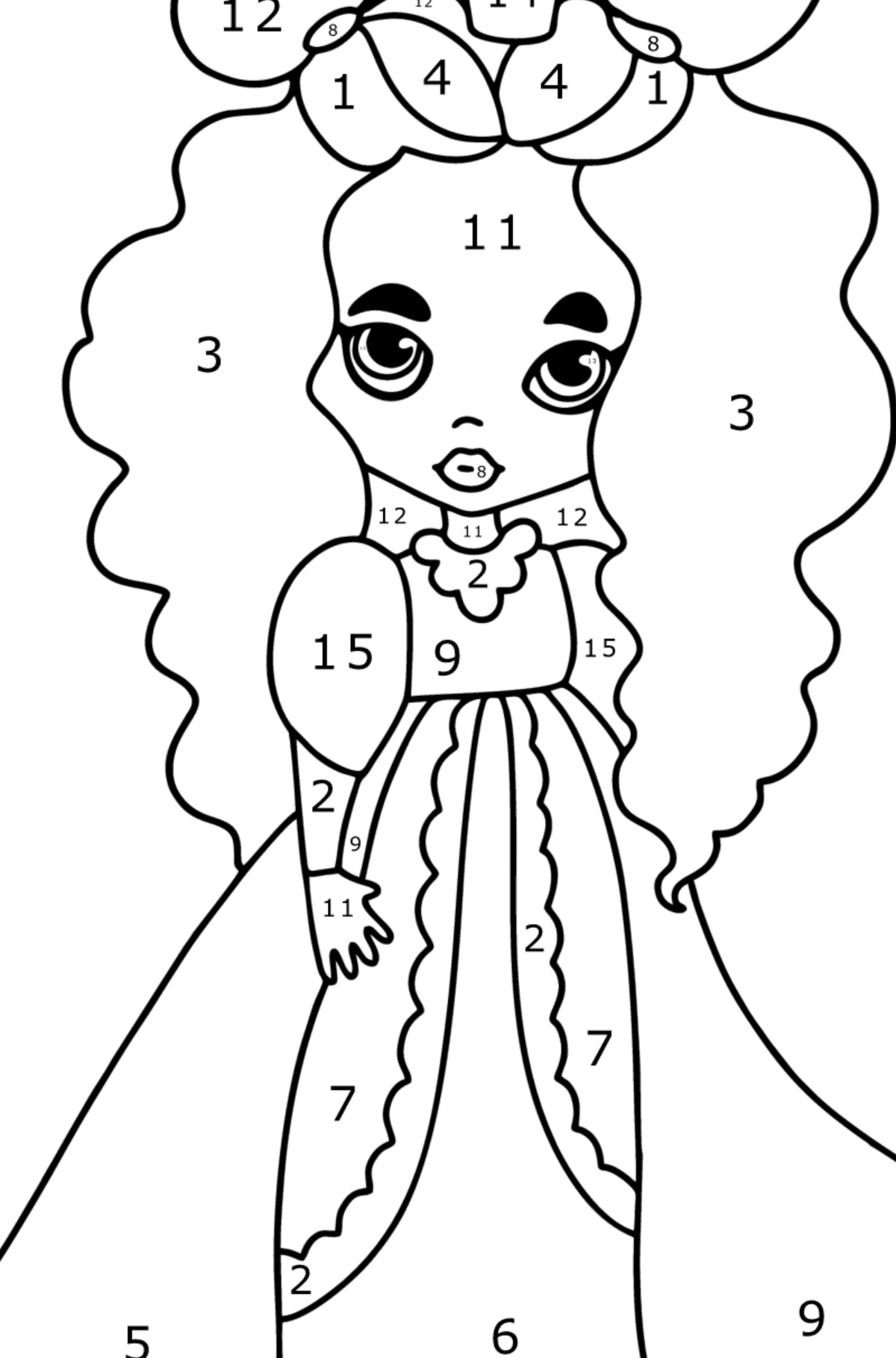 Disegno da colorare Principessa vestita - Colorare per numero per bambini