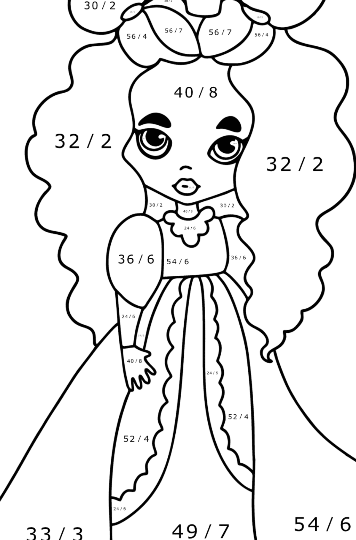 Disegno da colorare Principessa vestita - Colorazione matematica - Divisione per bambini