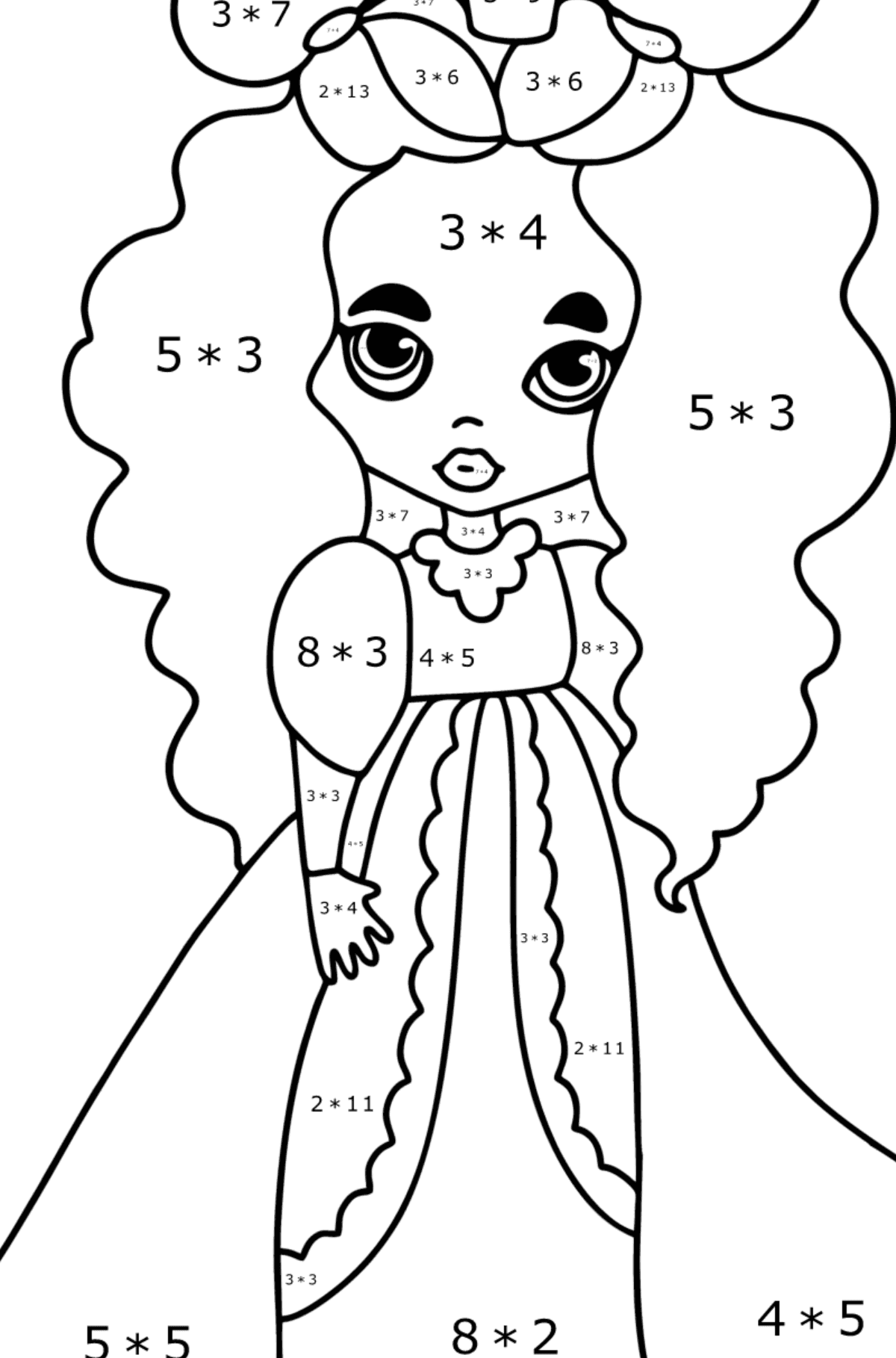 Disegno da colorare Principessa vestita - Colorazione matematica - Moltiplicazione per bambini