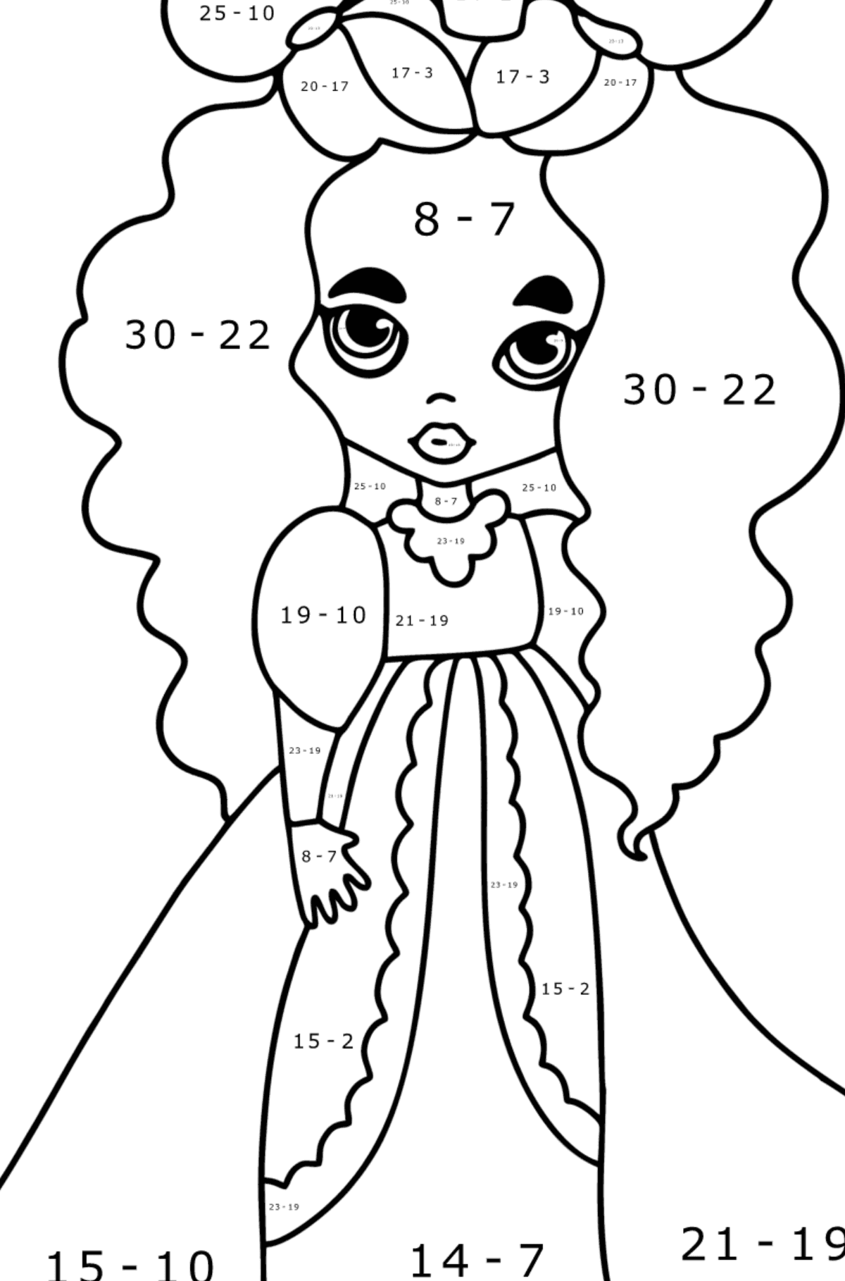 Disegno da colorare Principessa vestita - Colorazione matematica - Sottrazione per bambini
