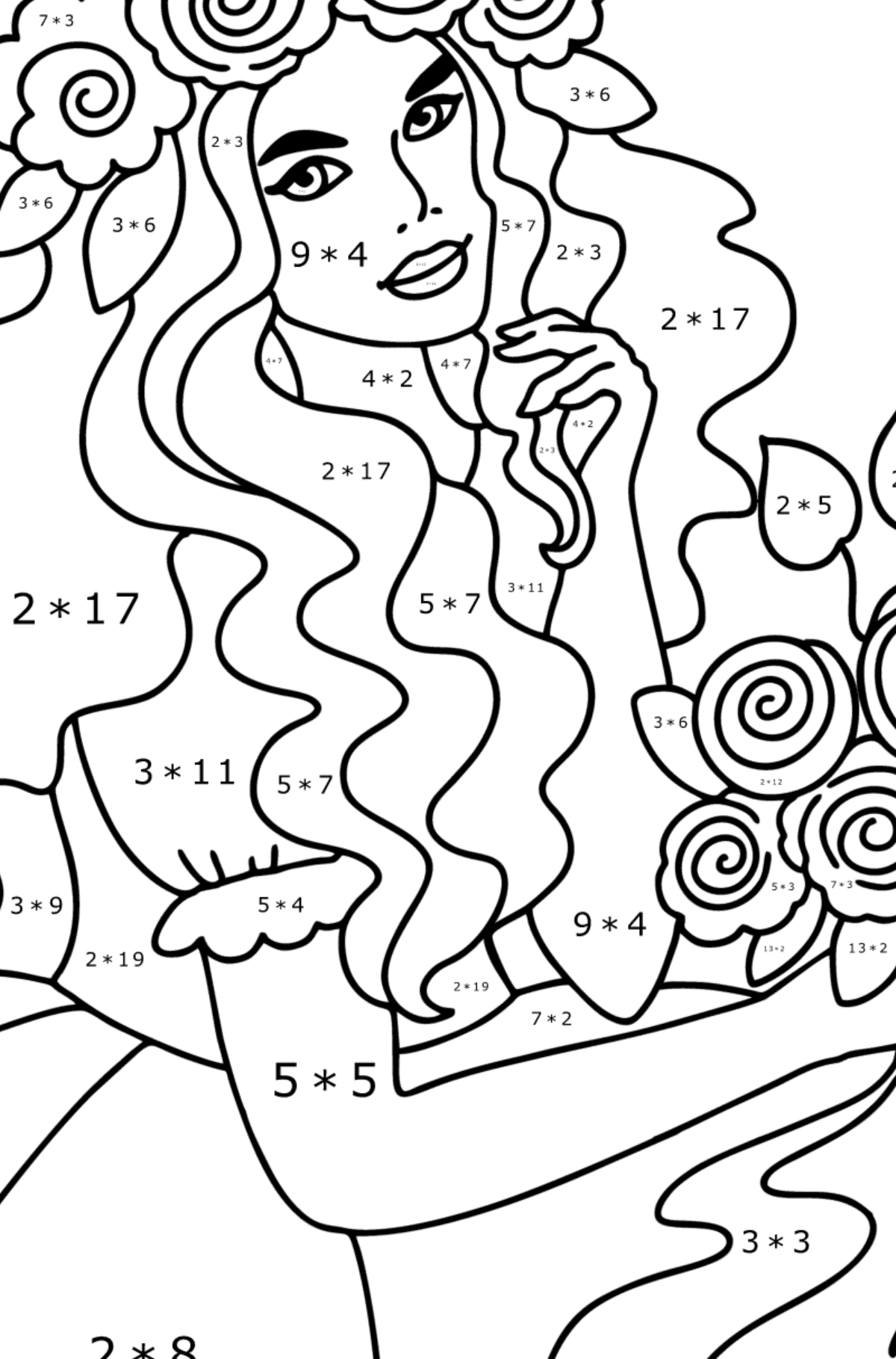 Disegno da colorare Principessa dei fiori - Colorazione matematica - Moltiplicazione per bambini