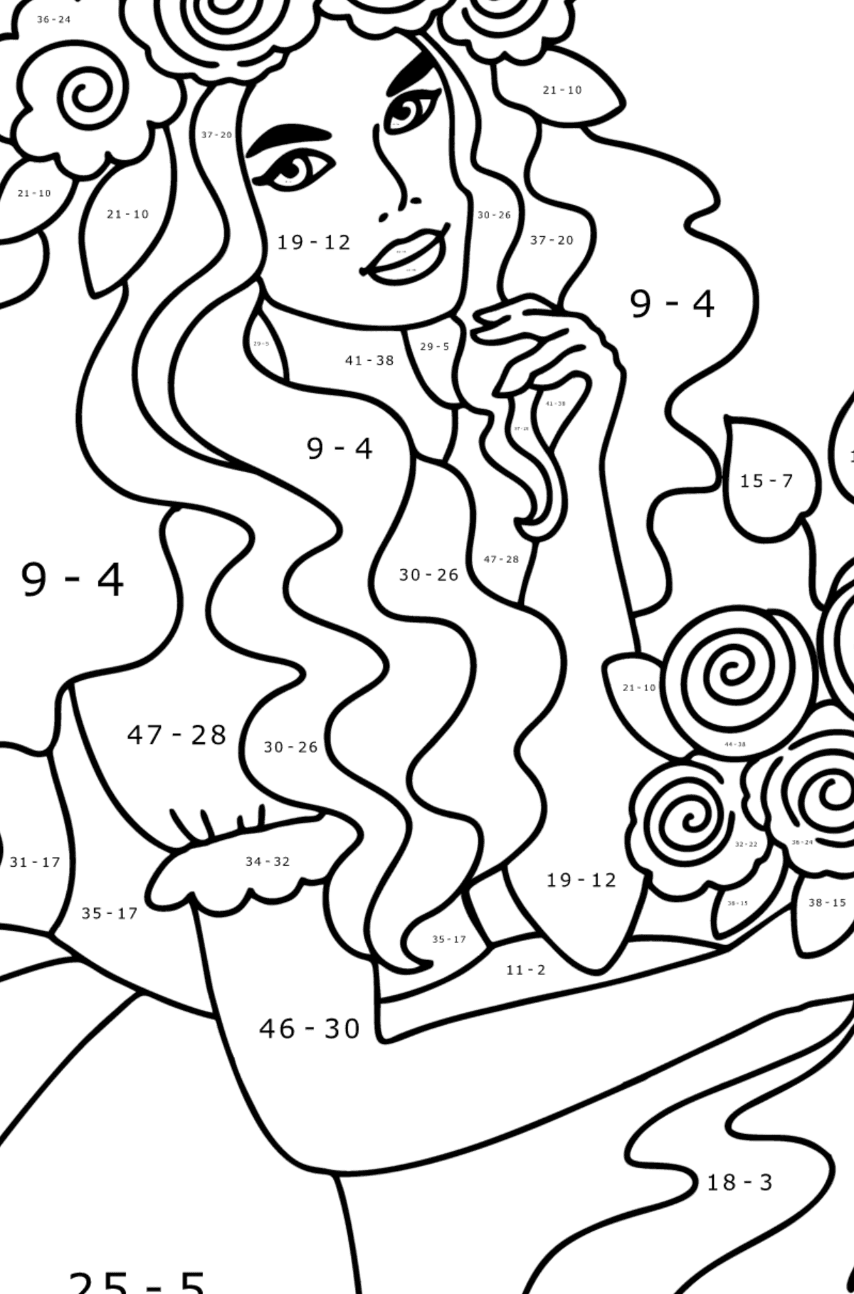 Disegno da colorare Principessa dei fiori - Colorazione matematica - Sottrazione per bambini