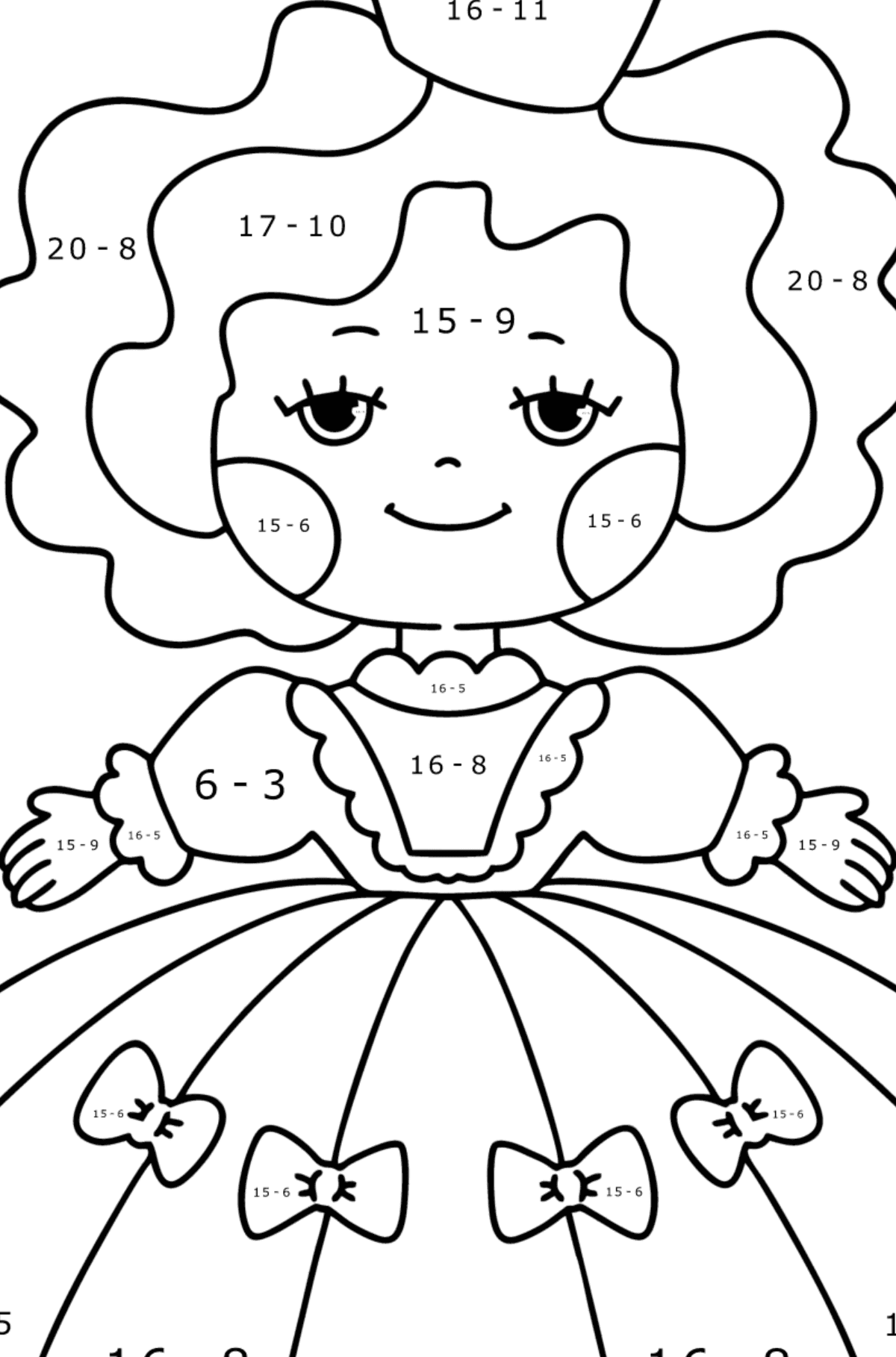 Disegno da colorare Piccola principessa - Colorazione matematica - Sottrazione per bambini