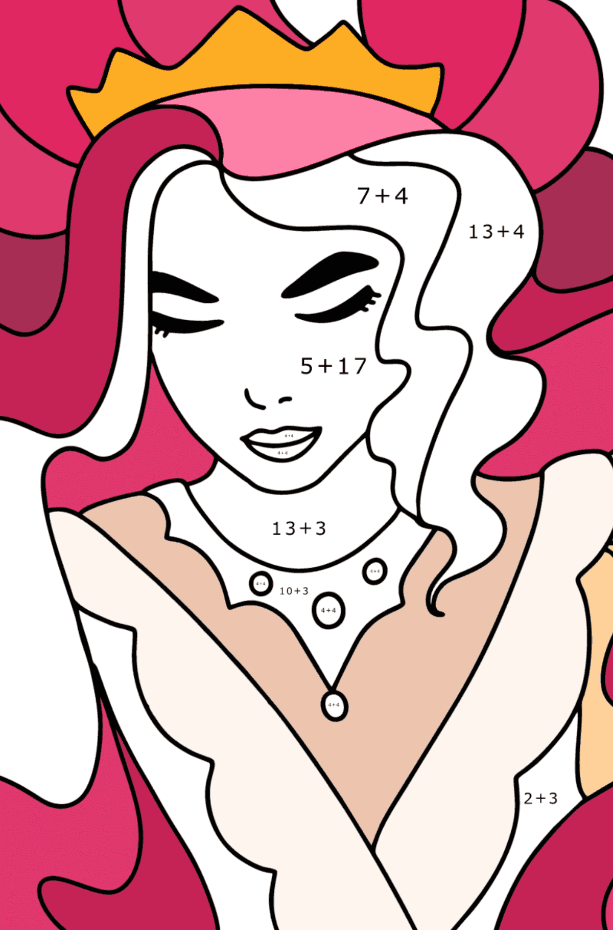 Rosa Haarprinzessin ausmalbild - Mathe Ausmalbilder - Addition für Kinder
