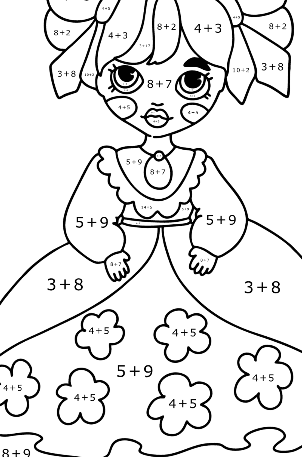 Disegno da colorare Principessa in un vestito magnifico - Colorazione matematica - Addizione per bambini