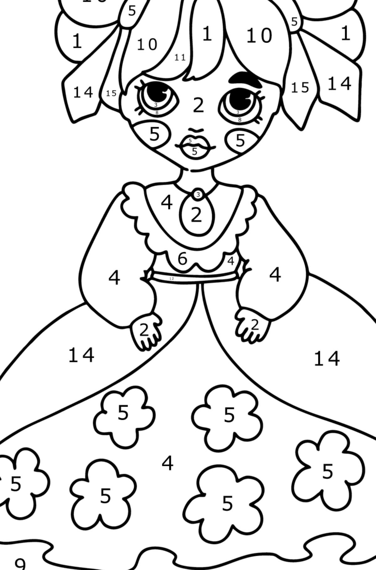 Disegno da colorare Principessa in un vestito magnifico - Colorare per numero per bambini