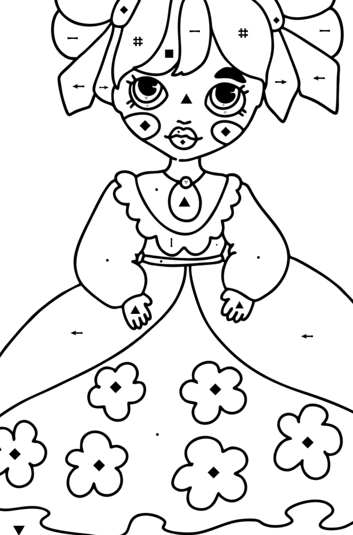 Disegno da colorare Principessa in un vestito magnifico - Colorare per simboli per bambini