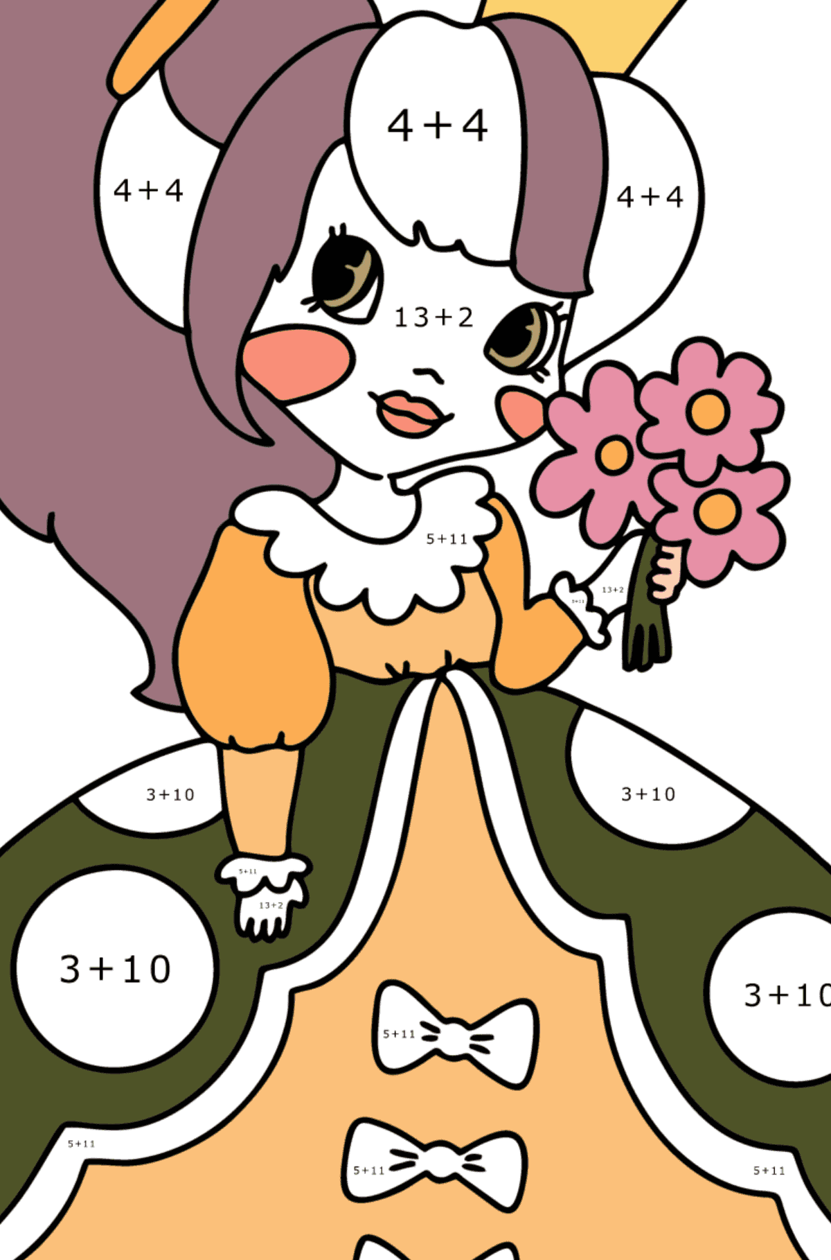 Prinzessin in einem wunderschönen Kleid ausmalbild - Mathe Ausmalbilder - Addition für Kinder