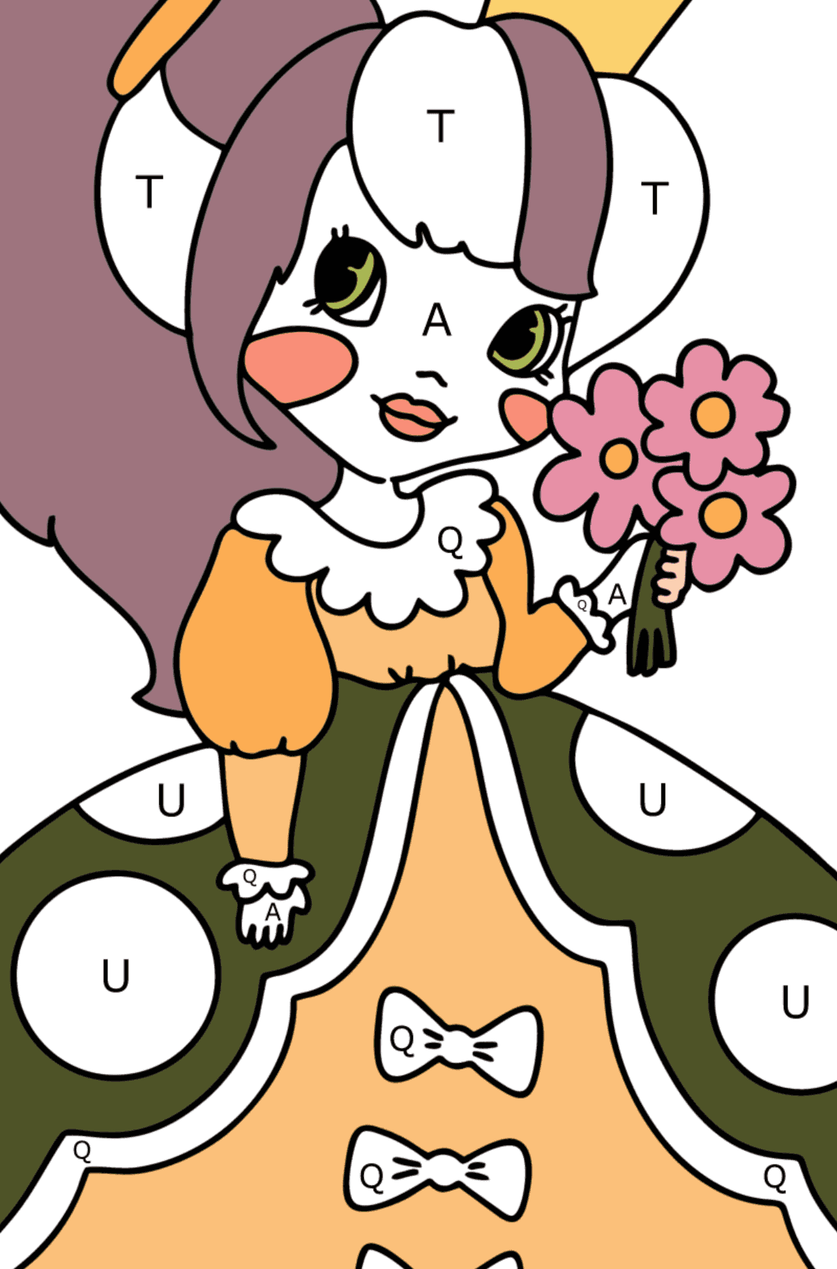 Prinzessin in einem wunderschönen Kleid ausmalbild - Ausmalen nach Buchstaben für Kinder