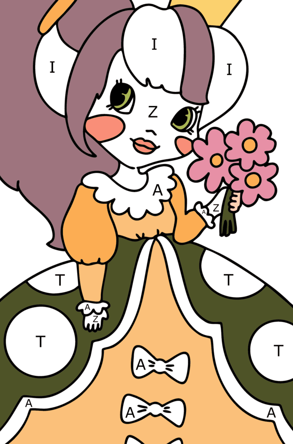 Dibujo Princesa en un hermoso vestido para colorear - Colorear por Letras para Niños