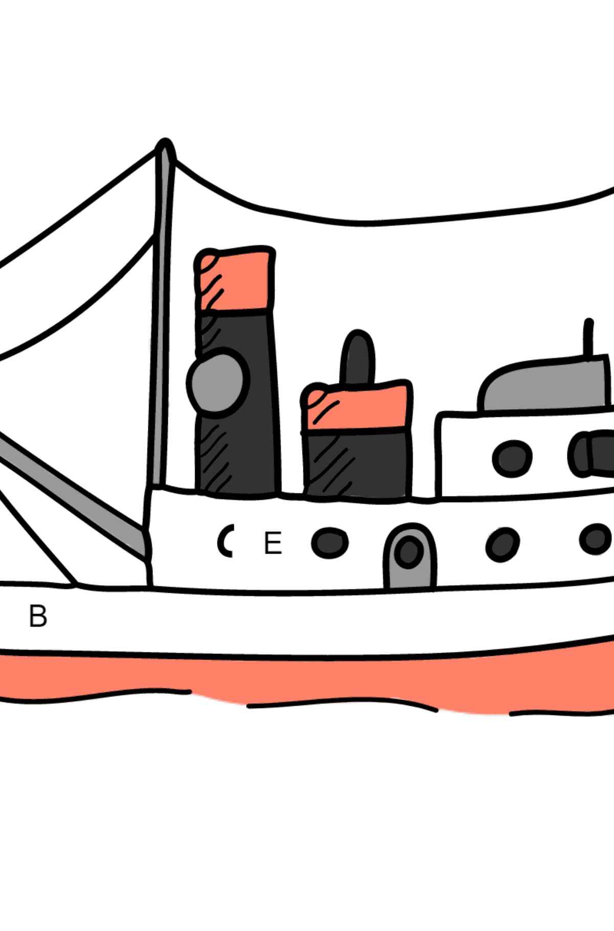 Ausmalbild Schiff zum Ausdrucken - Ausmalen nach Buchstaben für Kinder