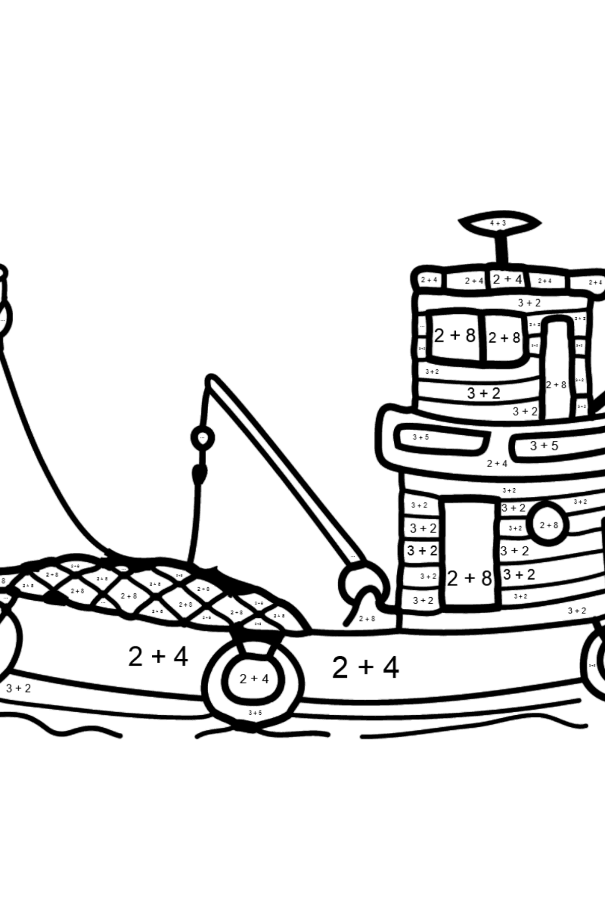 Раскраска рыбацкий корабль - На Сложение для Детей