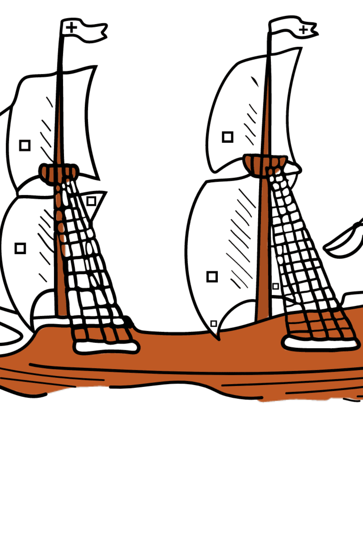 Ausmalbild des schiffes - Galeone mit Segeln - Ausmalen nach Symbolen für Kinder