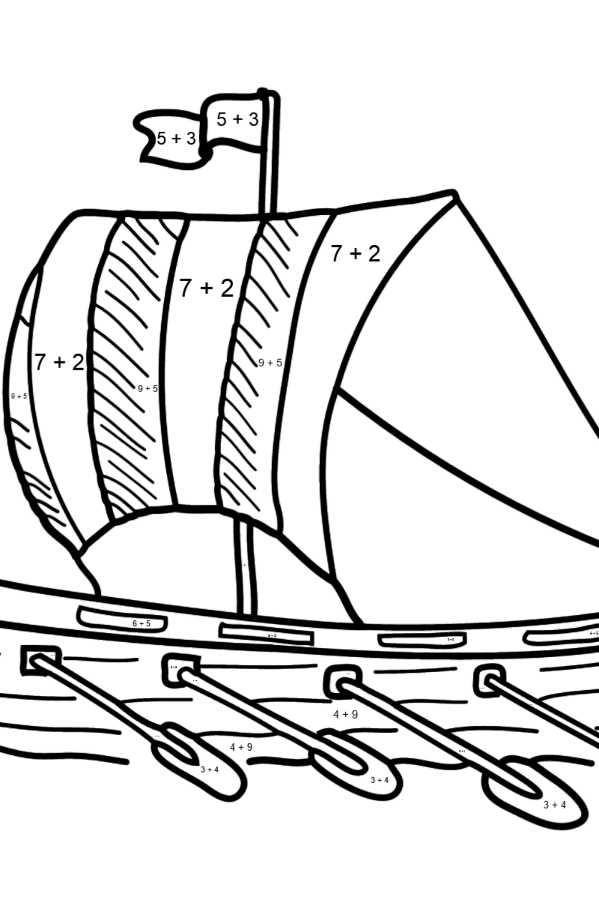 Ausmalbild - Ein Fluss-Ruderboot - Mathe Ausmalbilder - Addition für Kinder