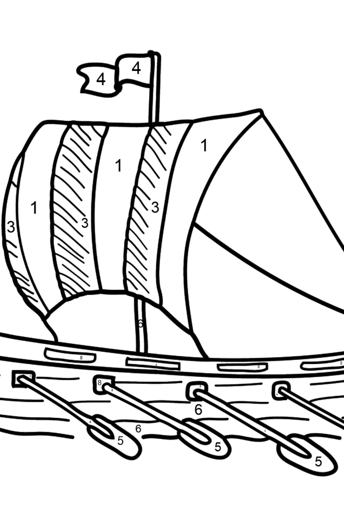Раскраска Красивый Кораблик - По Номерам для Детей