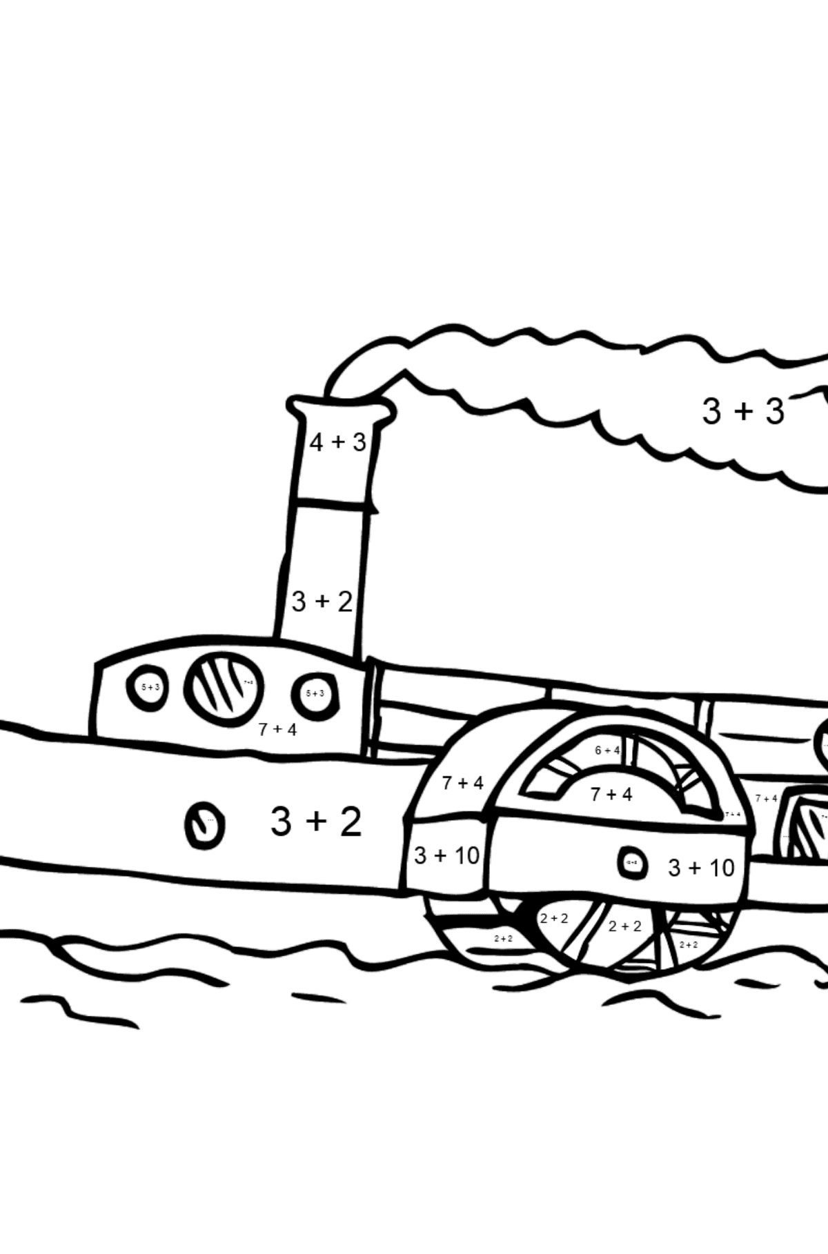 Ausmalbild - Ein Schiff mit einem Schaufelrad - Mathe Ausmalbilder - Addition für Kinder