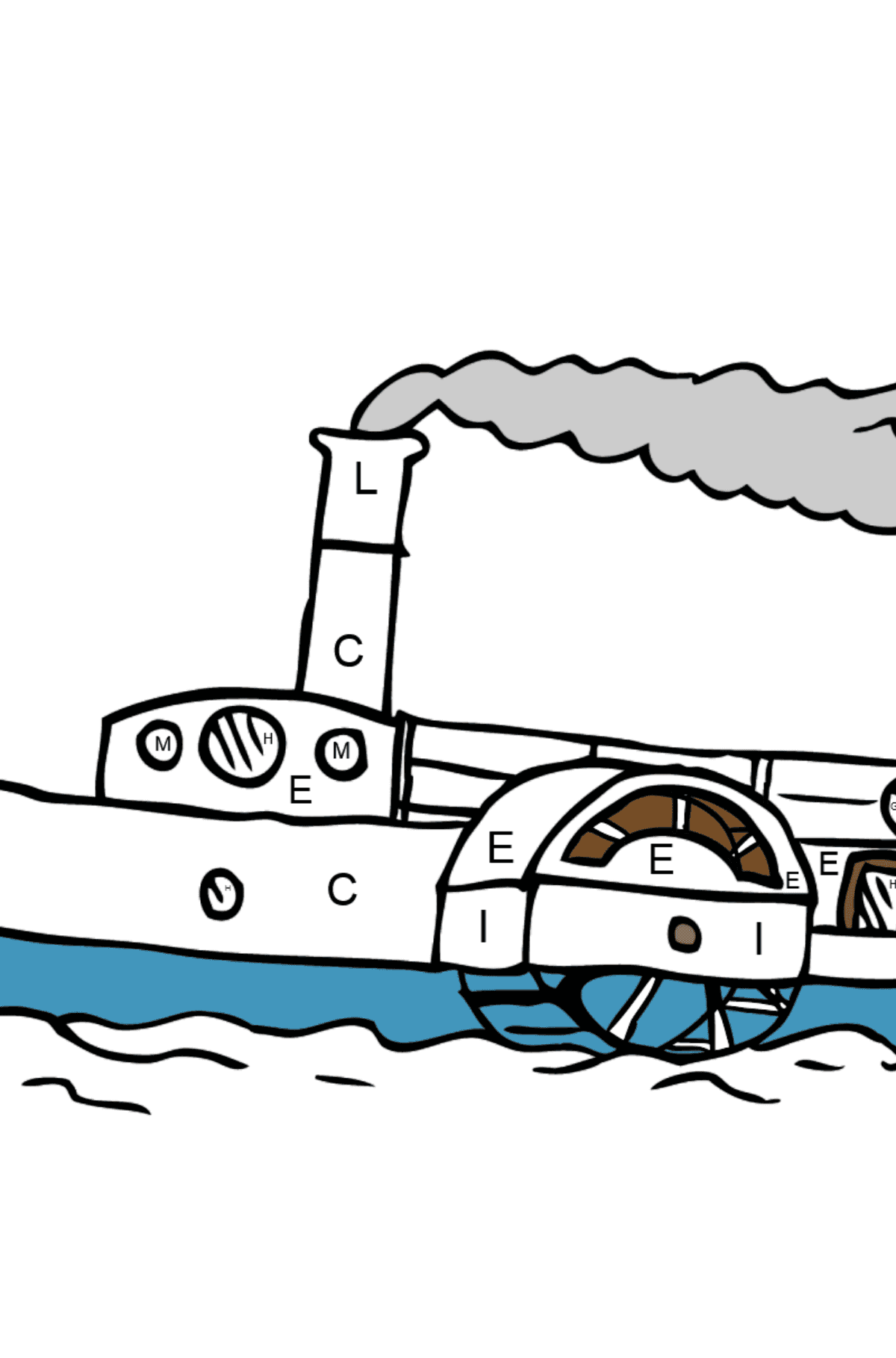 Ausmalbild - Ein Schiff mit einem Schaufelrad - Ausmalen nach Buchstaben für Kinder