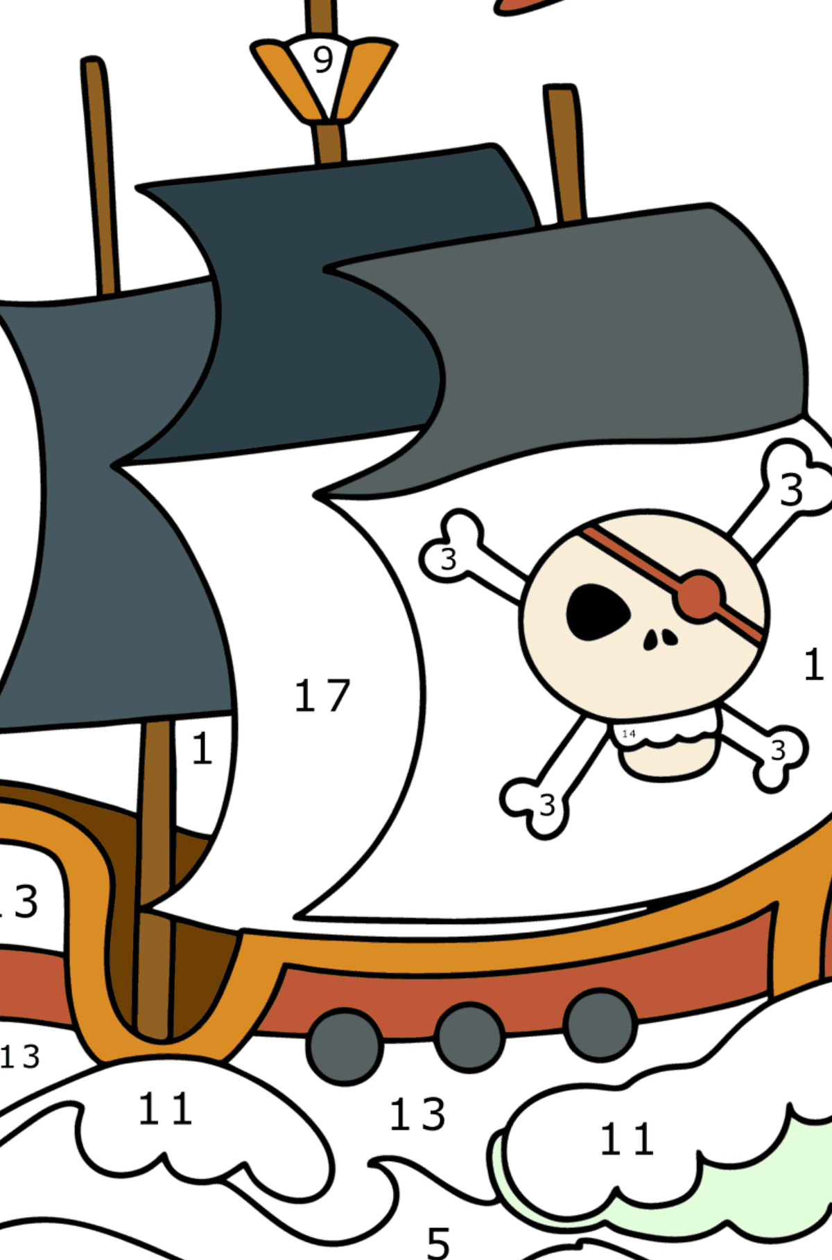 Ausmalbild Piratenschiff - Malen nach Zahlen für Kinder