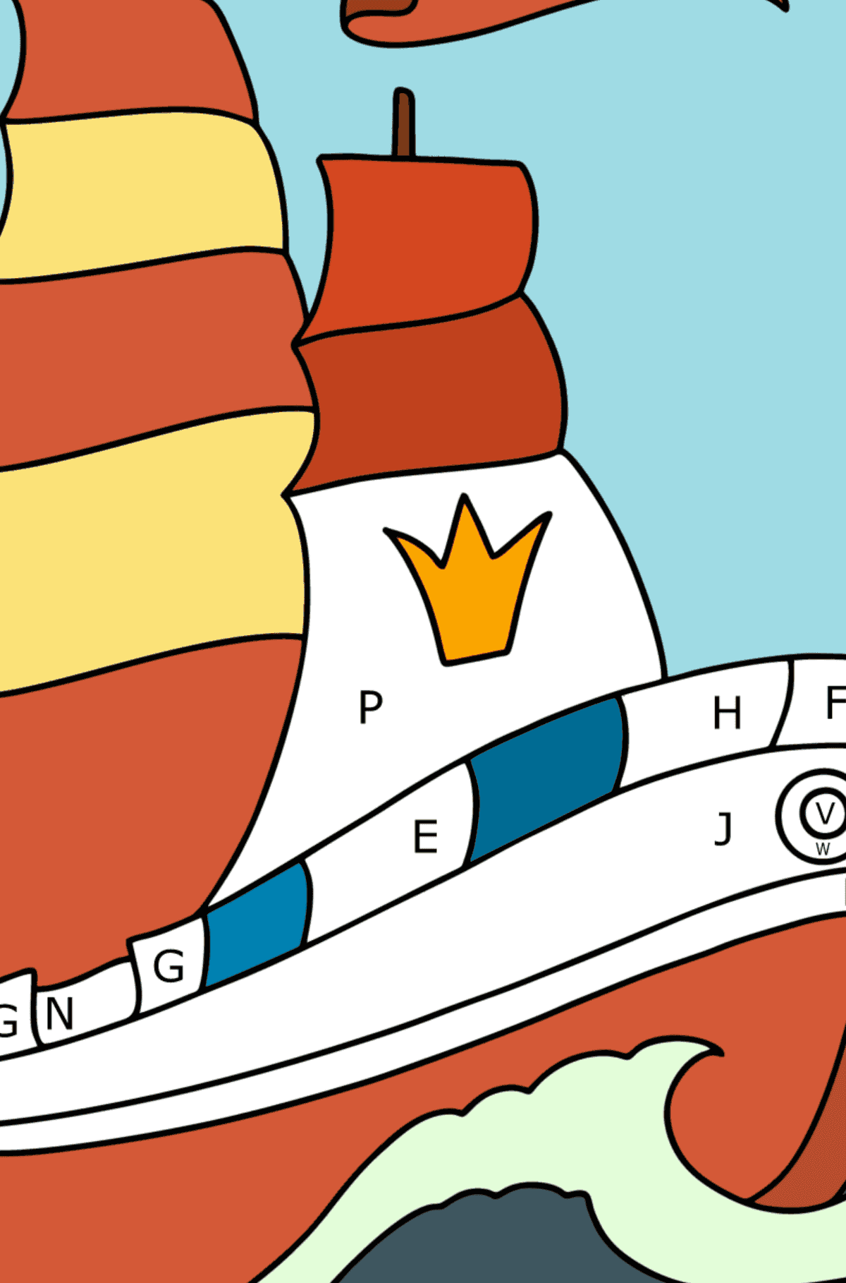 Dibujo Barco con velas para colorear - Colorear por Letras para Niños