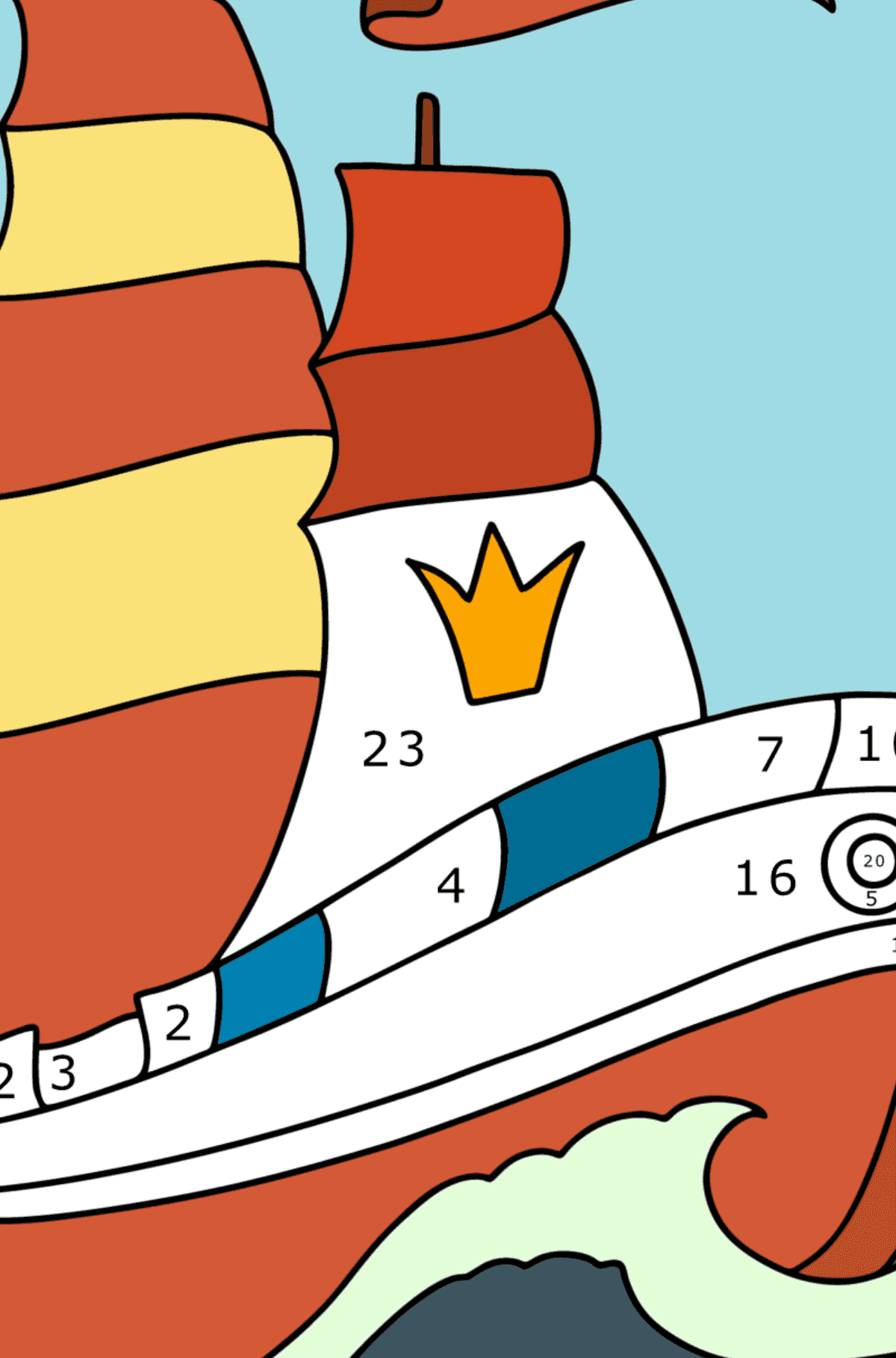 Ausmalbild Schiff mit Segeln - Malen nach Zahlen für Kinder