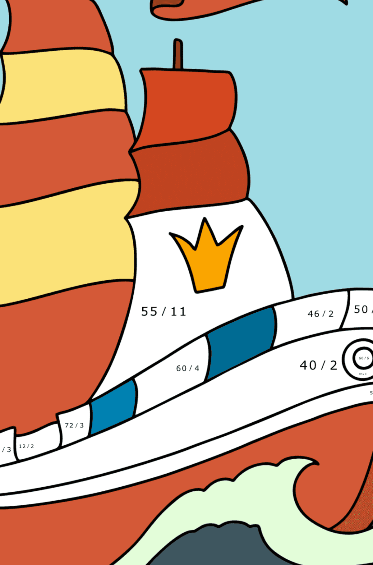 Ausmalbild Schiff mit Segeln - Mathe Ausmalbilder - Division für Kinder