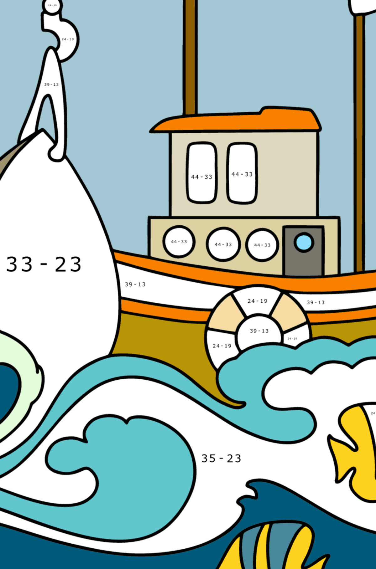 Ausmalbild Schiff auf See - Mathe Ausmalbilder - Subtraktion für Kinder