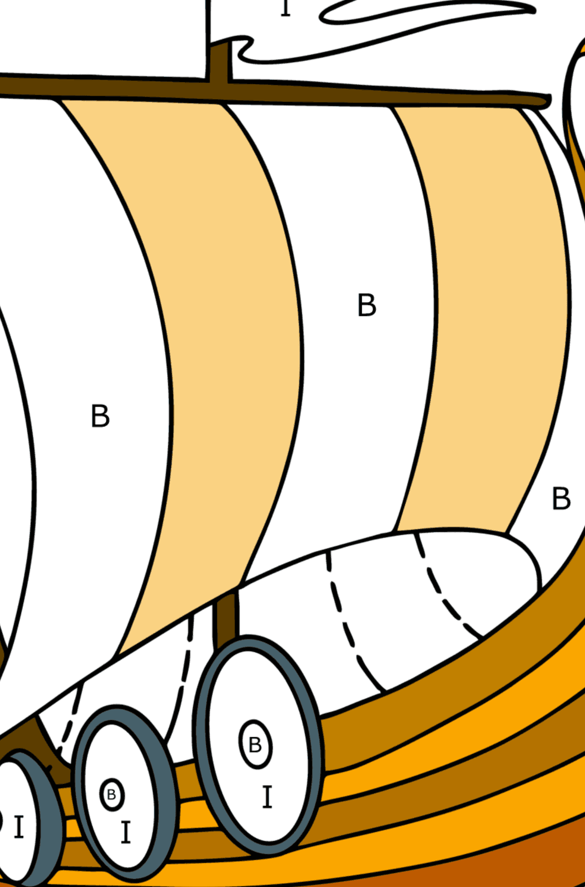 Ausmalbild Wikingerschiff - Ausmalen nach Buchstaben für Kinder