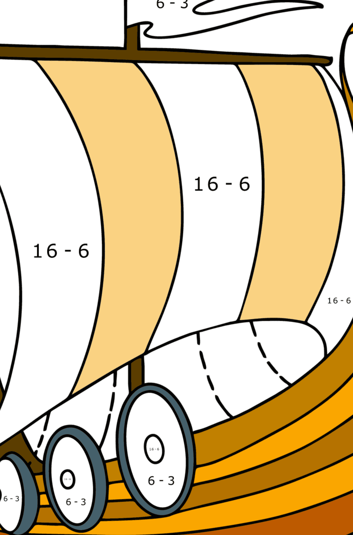 Dibujo Barco vikingo para colorear - Colorear con Matemáticas - Restas para Niños