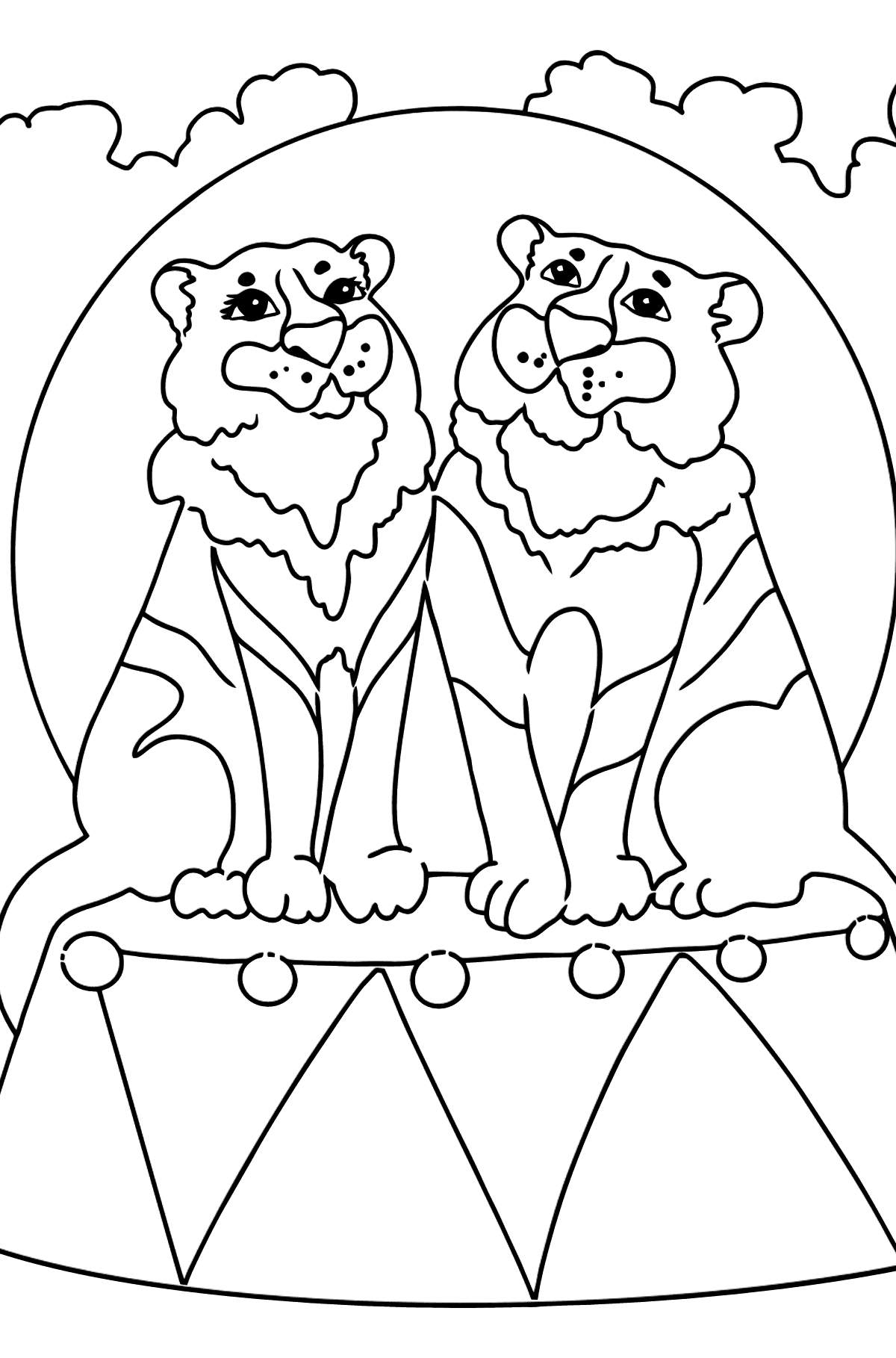 Desen de colorat tigri la circ (simplu) - Desene de colorat pentru copii