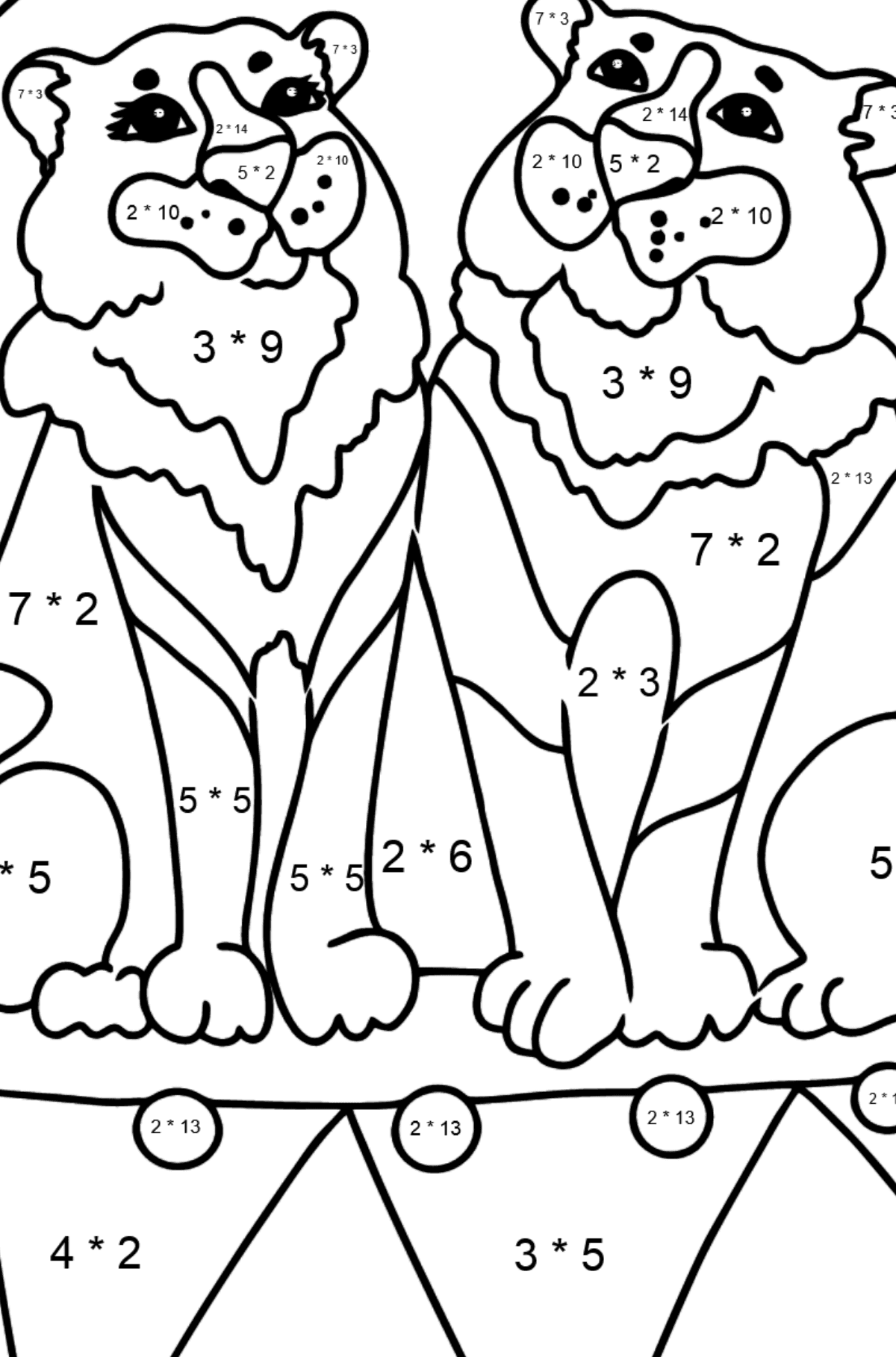 Värityskuva tiikerit sirkuksessa - Matemaattinen Värityskirja - Kertolasku lapsille