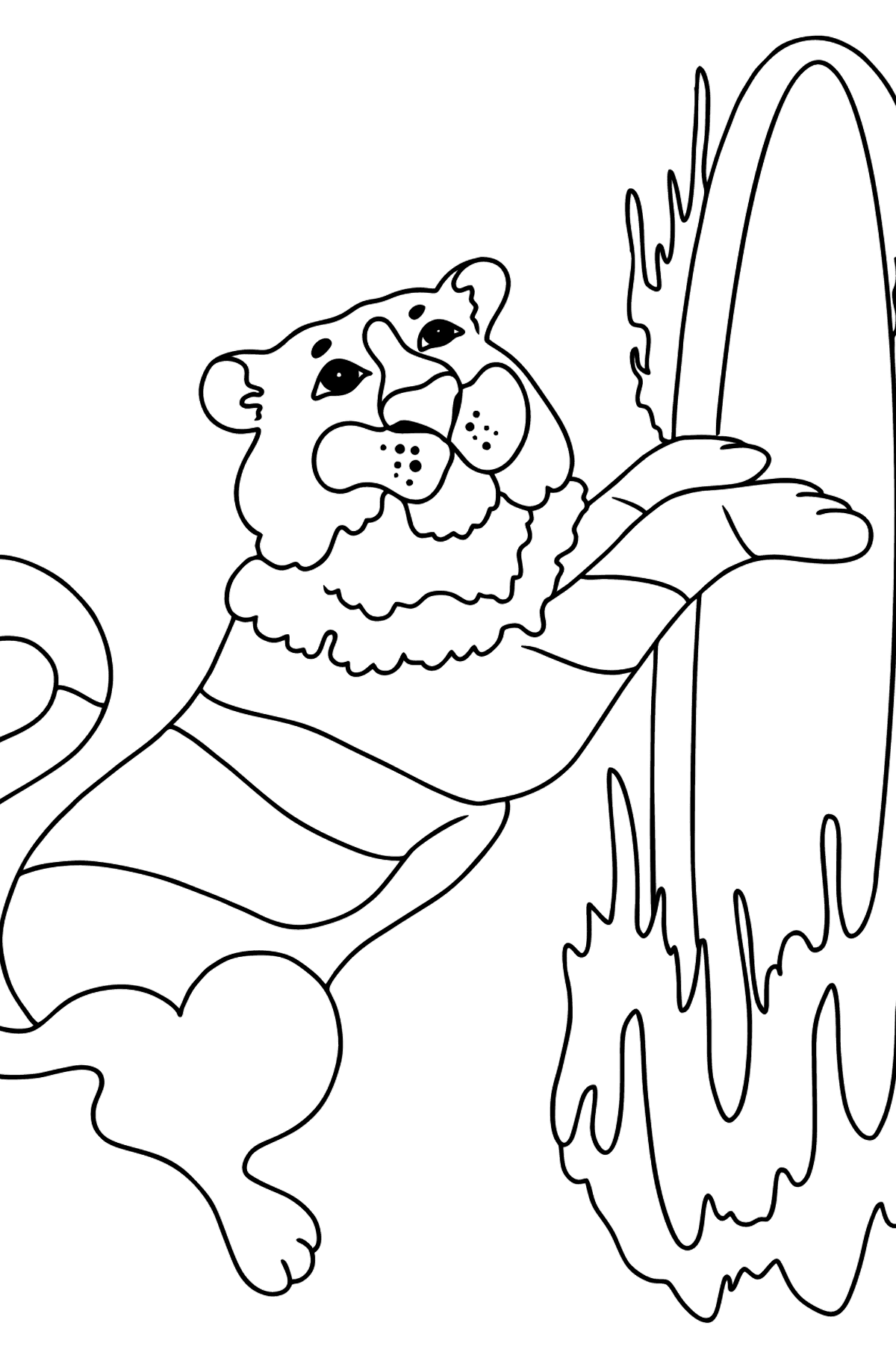 Coloring Page - A Tiger is Jumping Through a Ring of Fire - Coloring Pages for Kids